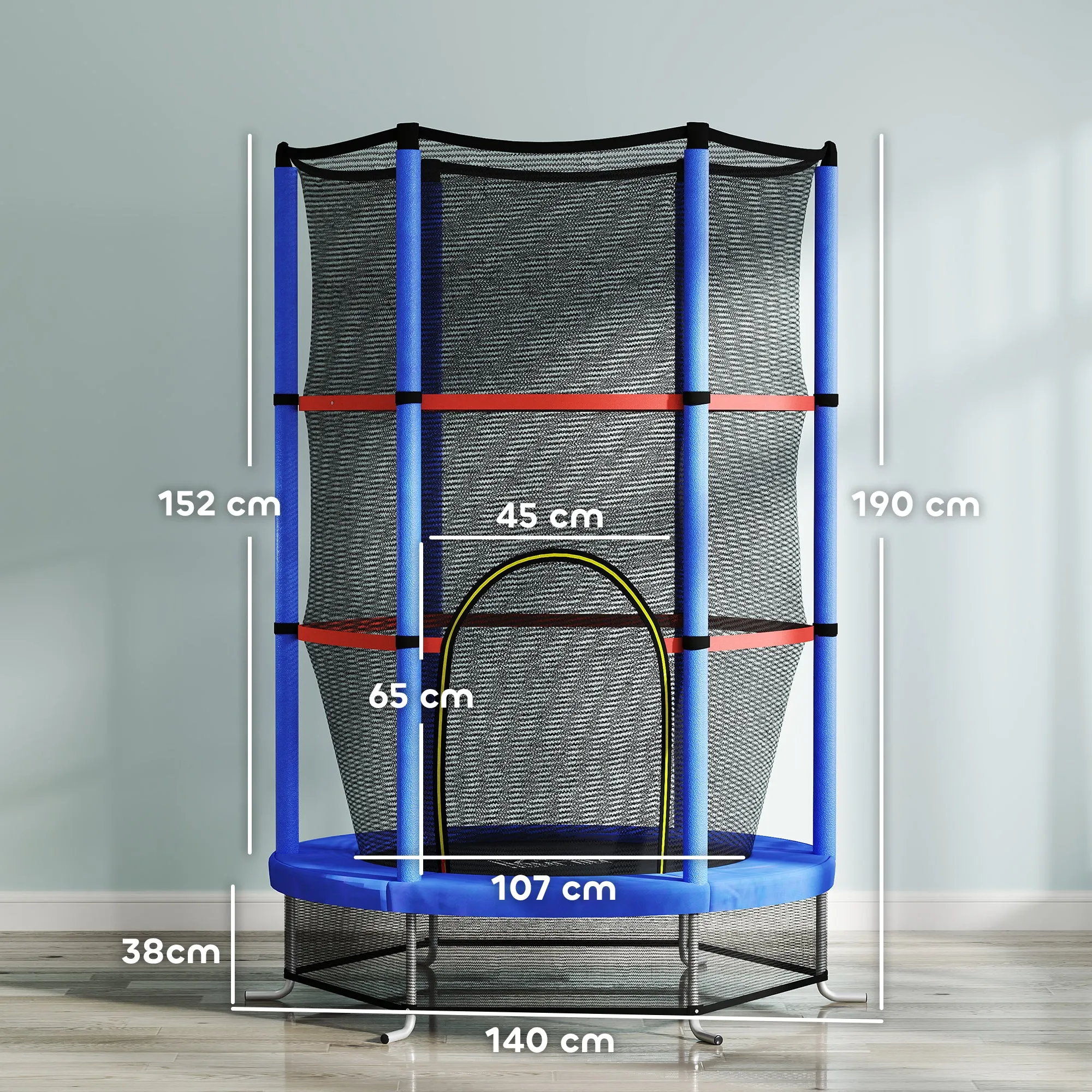 Trampoline for Children 3-6 Years with Safety Net, 6 Columns and 3 Entrances, Ø140x190 cm, Blue and Black - Image 3