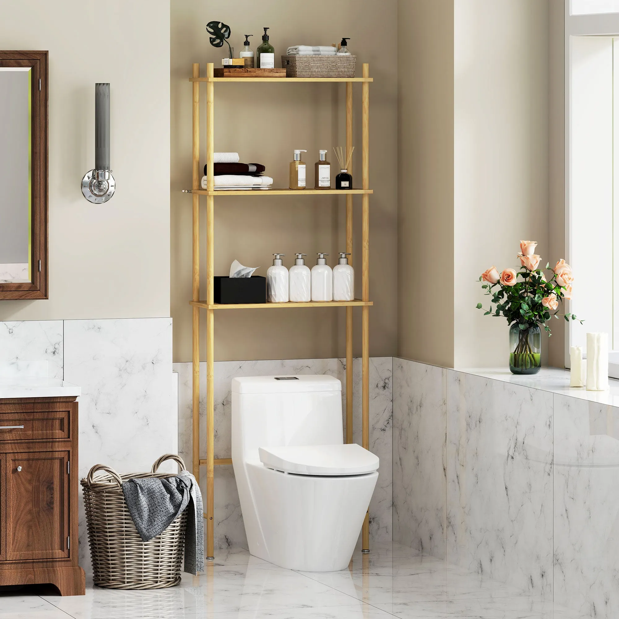 3-Tier Bamboo Slatted Over Toilet Cabinet, Wood Color, 63.5x25.5x181 cm - Image 2