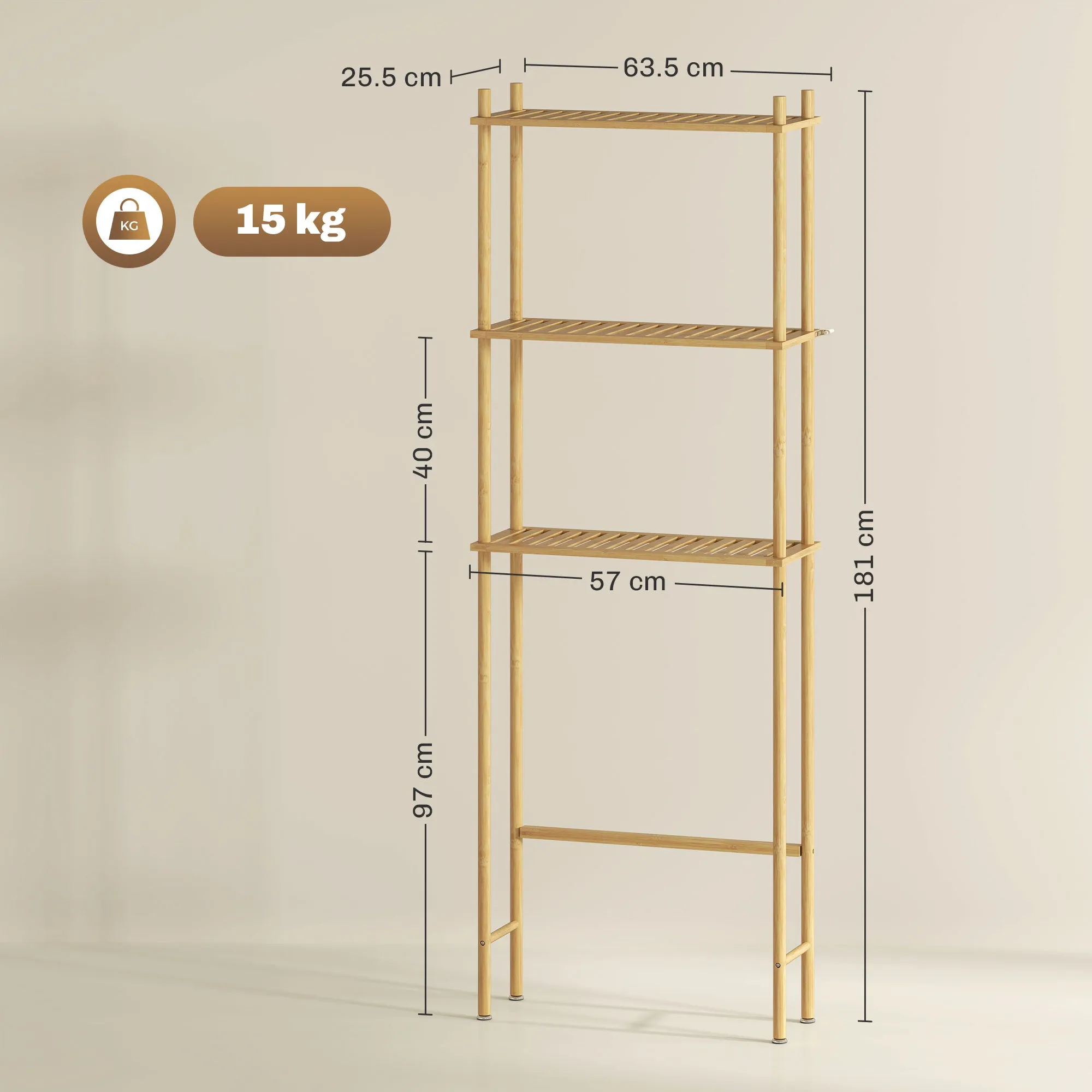 3-Tier Bamboo Slatted Over Toilet Cabinet, Wood Color, 63.5x25.5x181 cm - Image 3