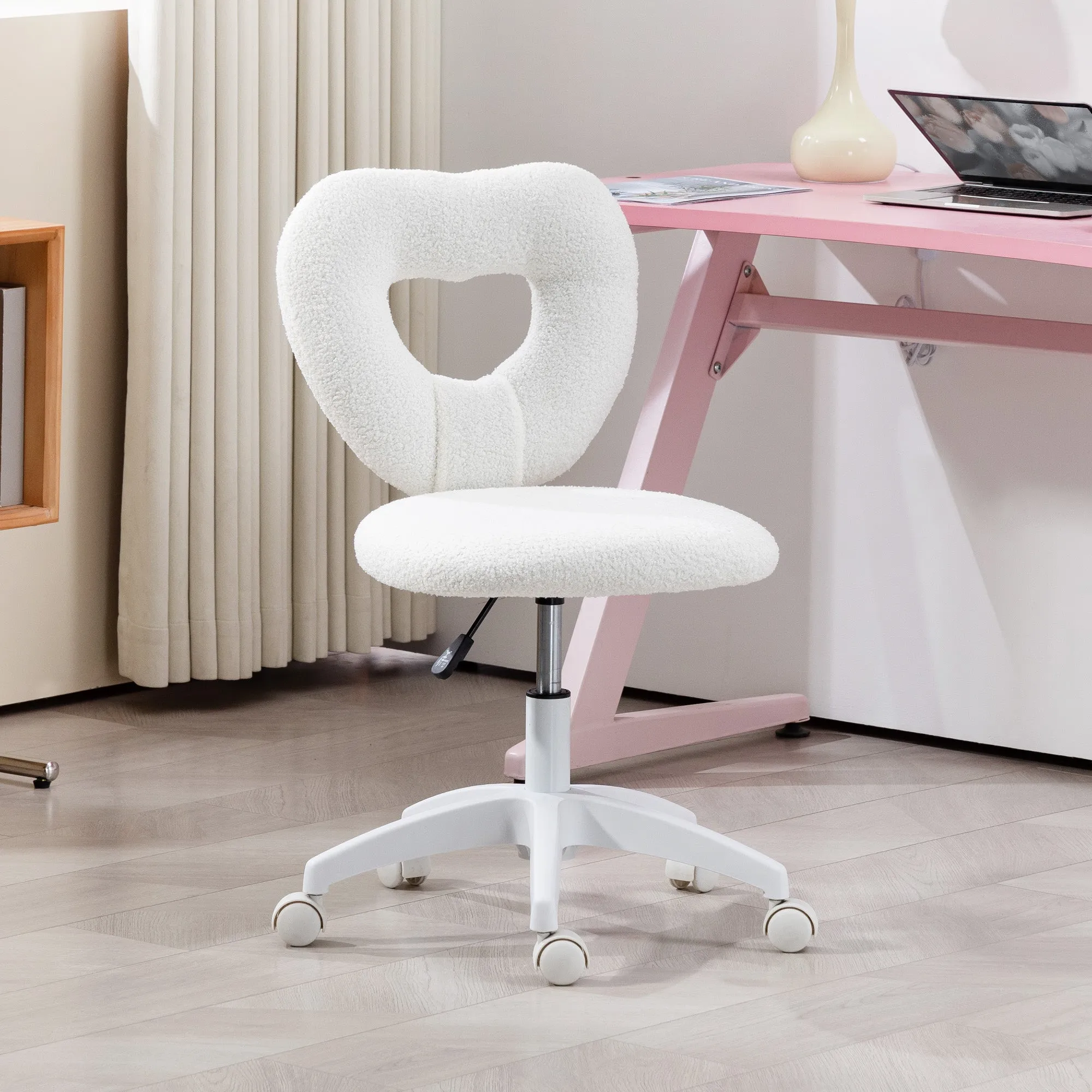Padded Office Chair with Heart-Shaped Backrest and Wheels, in Teddy Velvet and Plastic, 45x56x78-88 cm, White - Image 2
