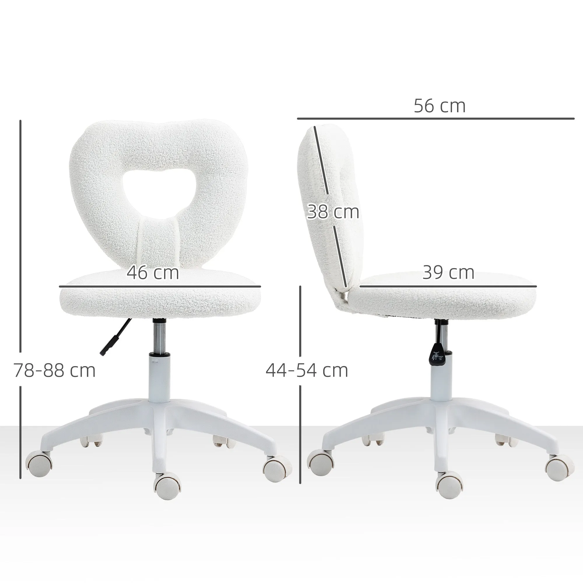 Padded Office Chair with Heart-Shaped Backrest and Wheels, in Teddy Velvet and Plastic, 45x56x78-88 cm, White - Image 3