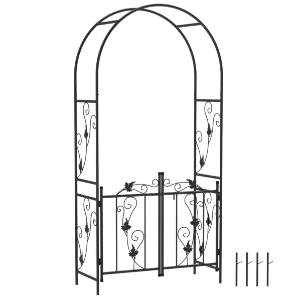 Garden Arch with Gate, Metal Climbing Plant Trellis, 2.2x1m, Black