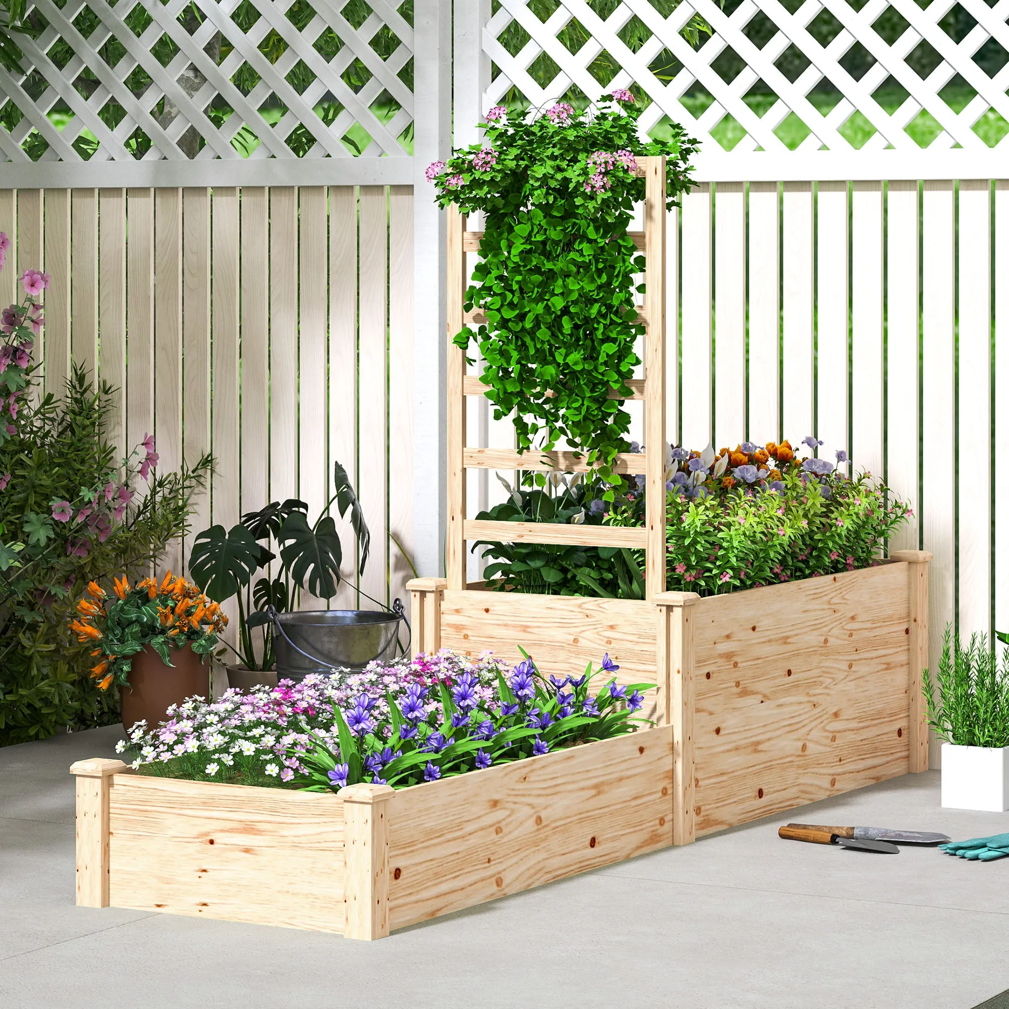 Raised Planter with Trellis for Climbing Plants and Divider, in Fir Wood, 222x63x132 cm, Wood Color - Image 2