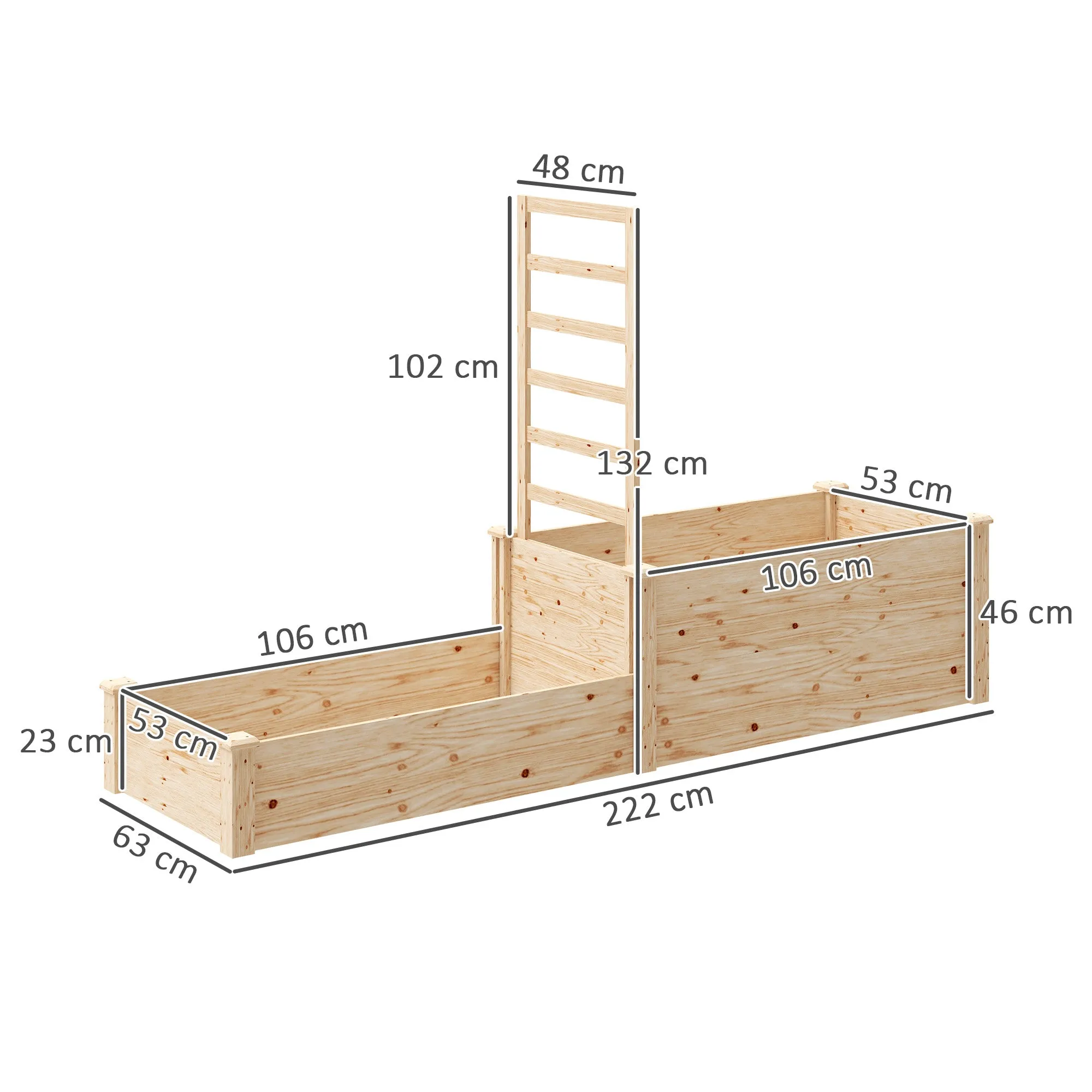 Raised Planter with Trellis for Climbing Plants and Divider, in Fir Wood, 222x63x132 cm, Wood Color - Image 3