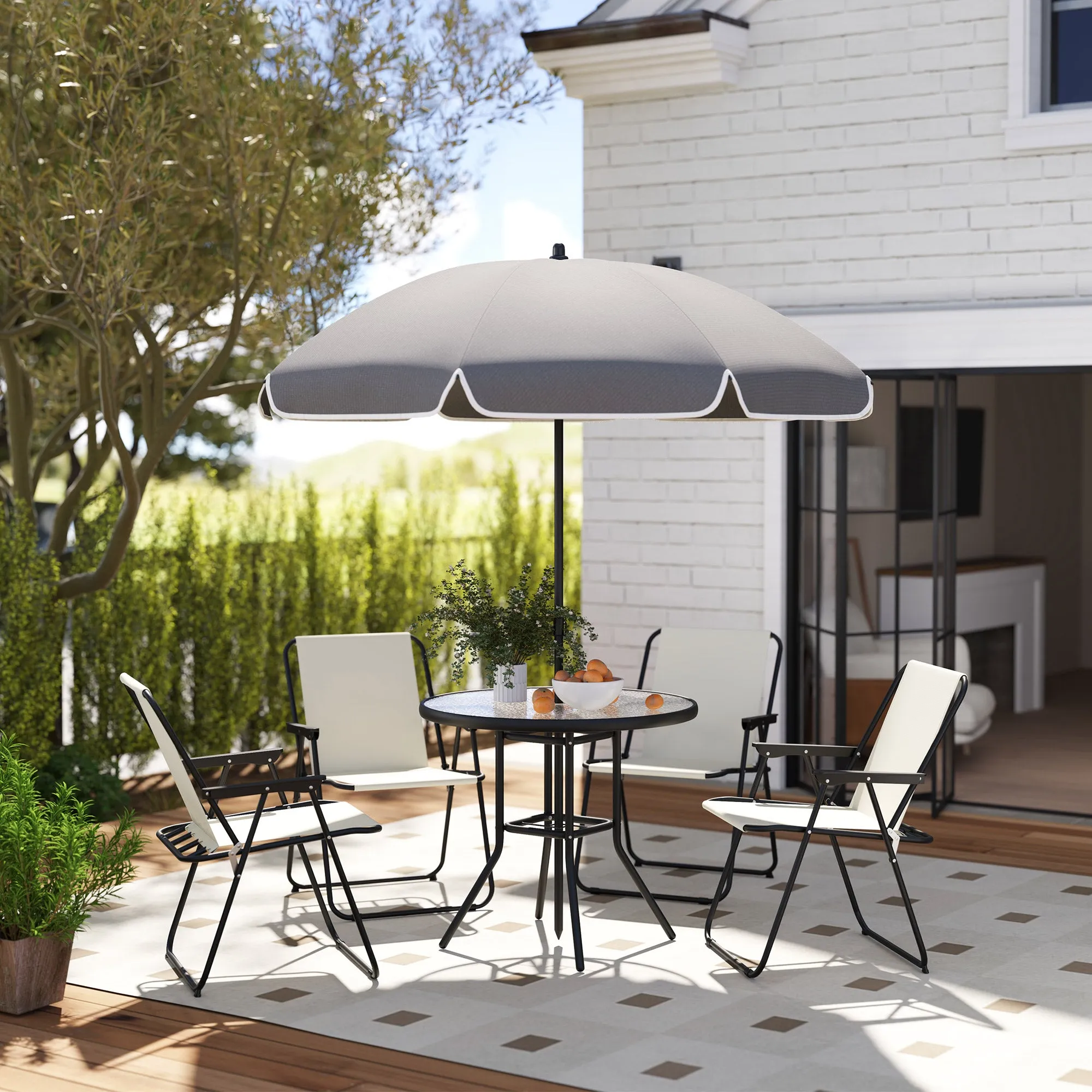 6 Piece Steel Garden Set with 4 Folding Chairs, Umbrella and Round Table, Cream, Grey and Black - Image 2