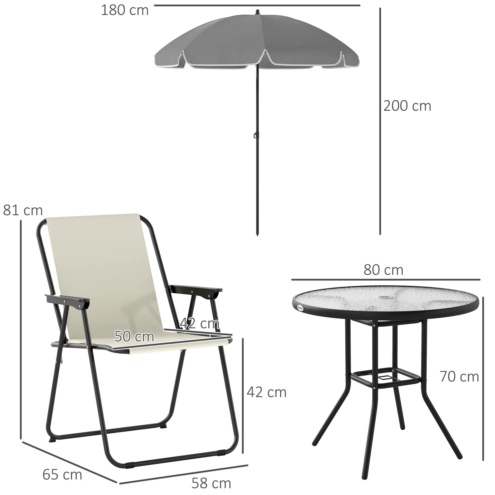 6 Piece Steel Garden Set with 4 Folding Chairs, Umbrella and Round Table, Cream, Grey and Black - Image 3