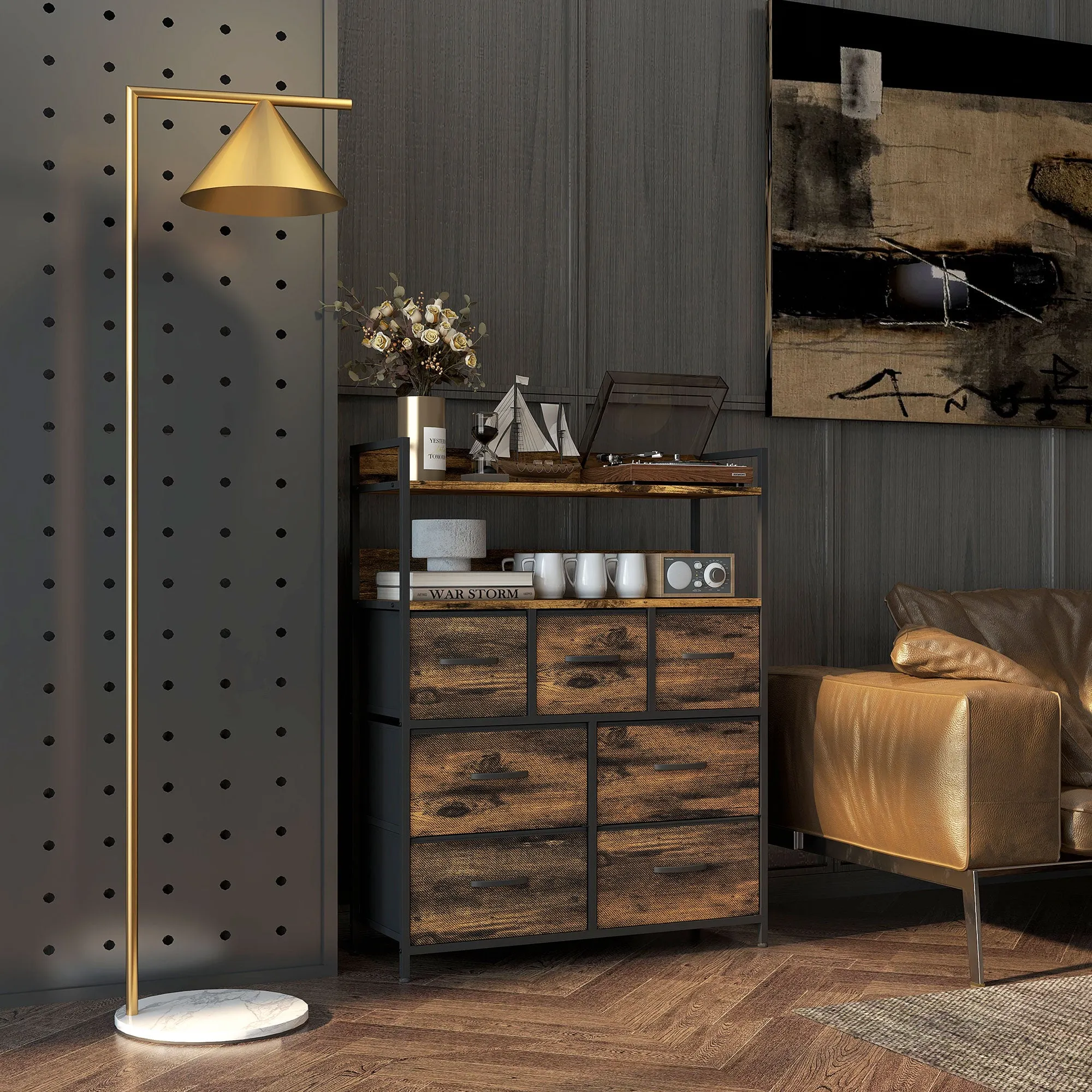 Chest of Drawers 7 Removable Drawers with 2 Shelves Industrial in Wood and Steel, 79x29x101 cm, Brown and Black - Image 2