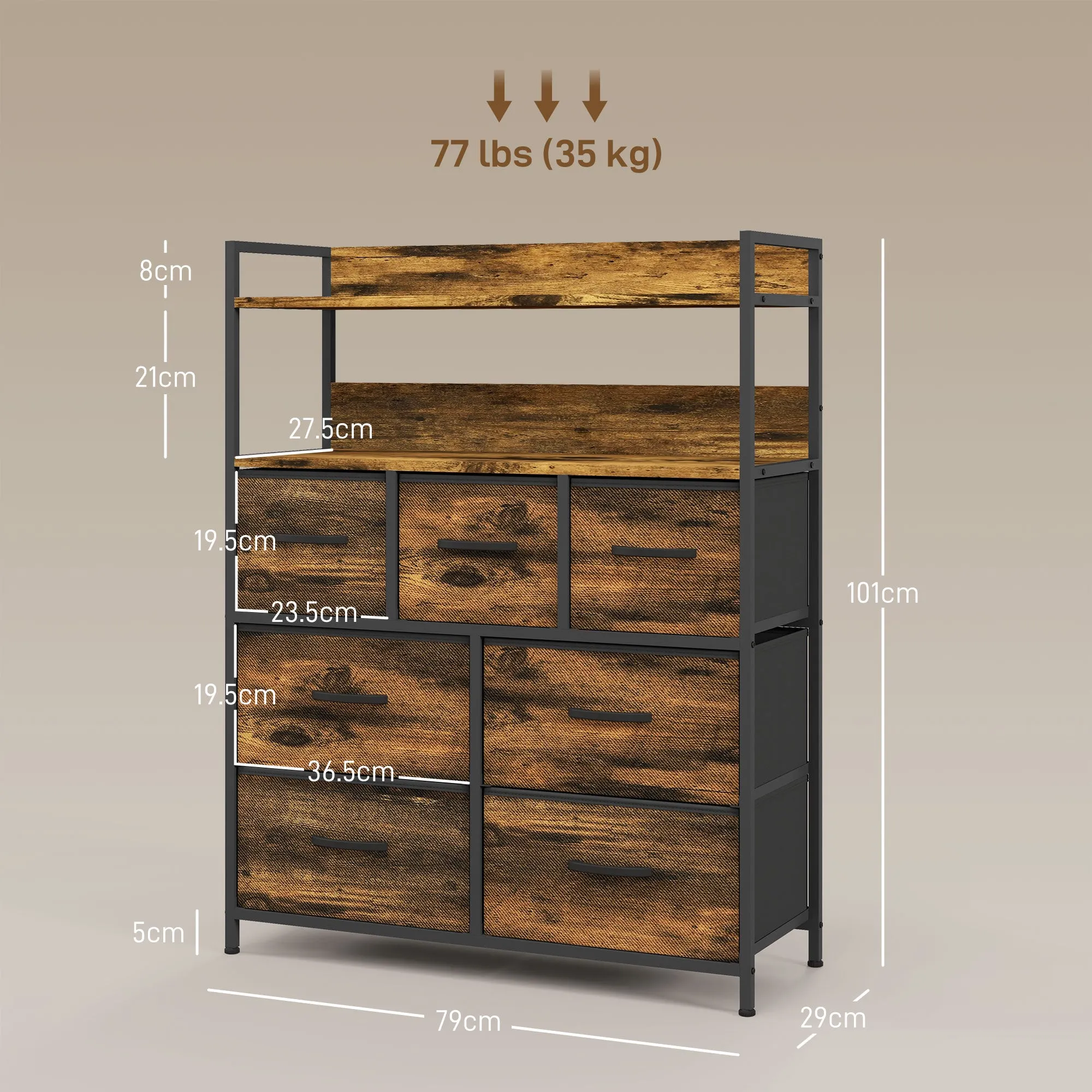 Chest of Drawers 7 Removable Drawers with 2 Shelves Industrial in Wood and Steel, 79x29x101 cm, Brown and Black - Image 3