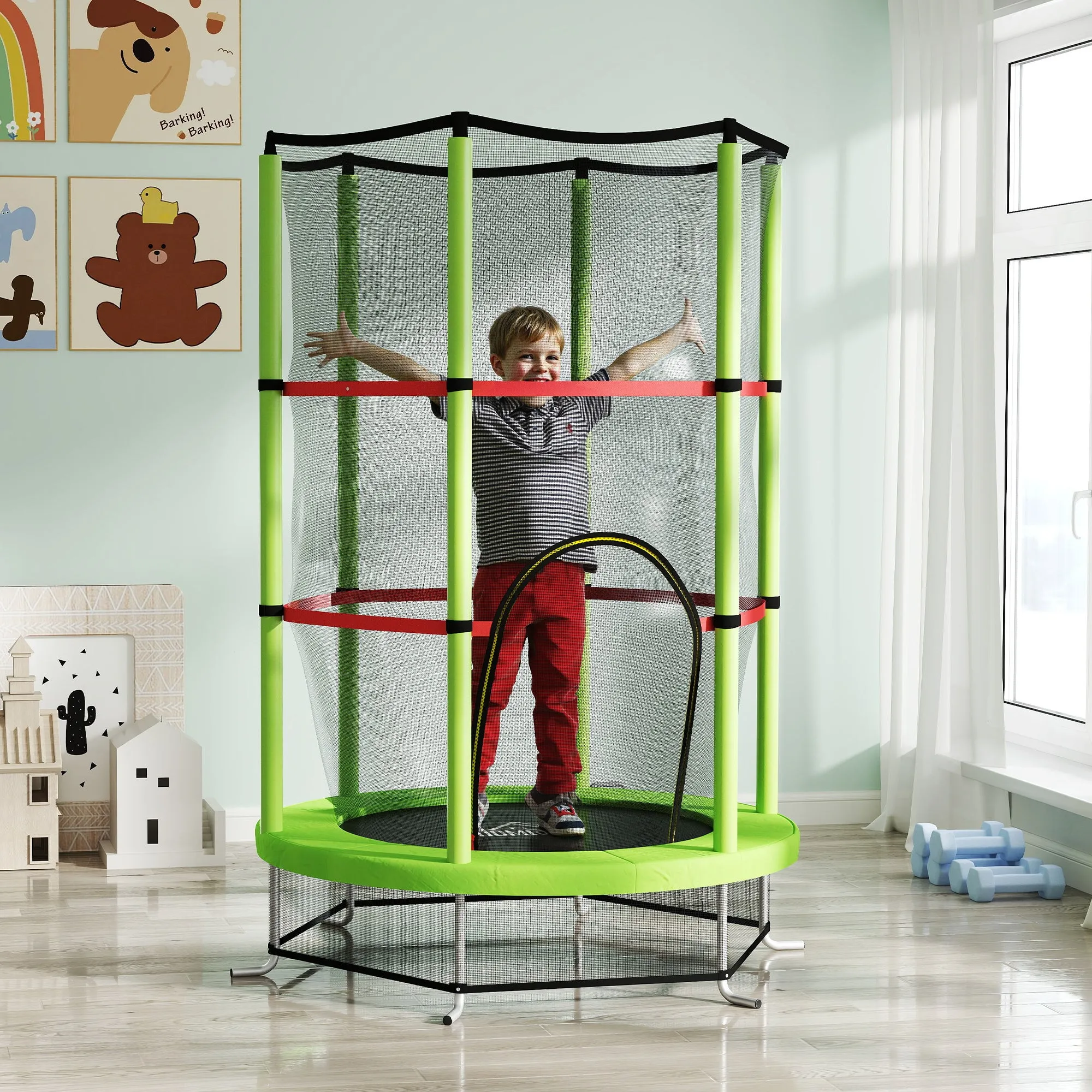 Trampoline for Children 3-6 Years with Safety Net, 6 Columns and 3 Entrances, Ø140x190 cm, Green and Black - Image 2