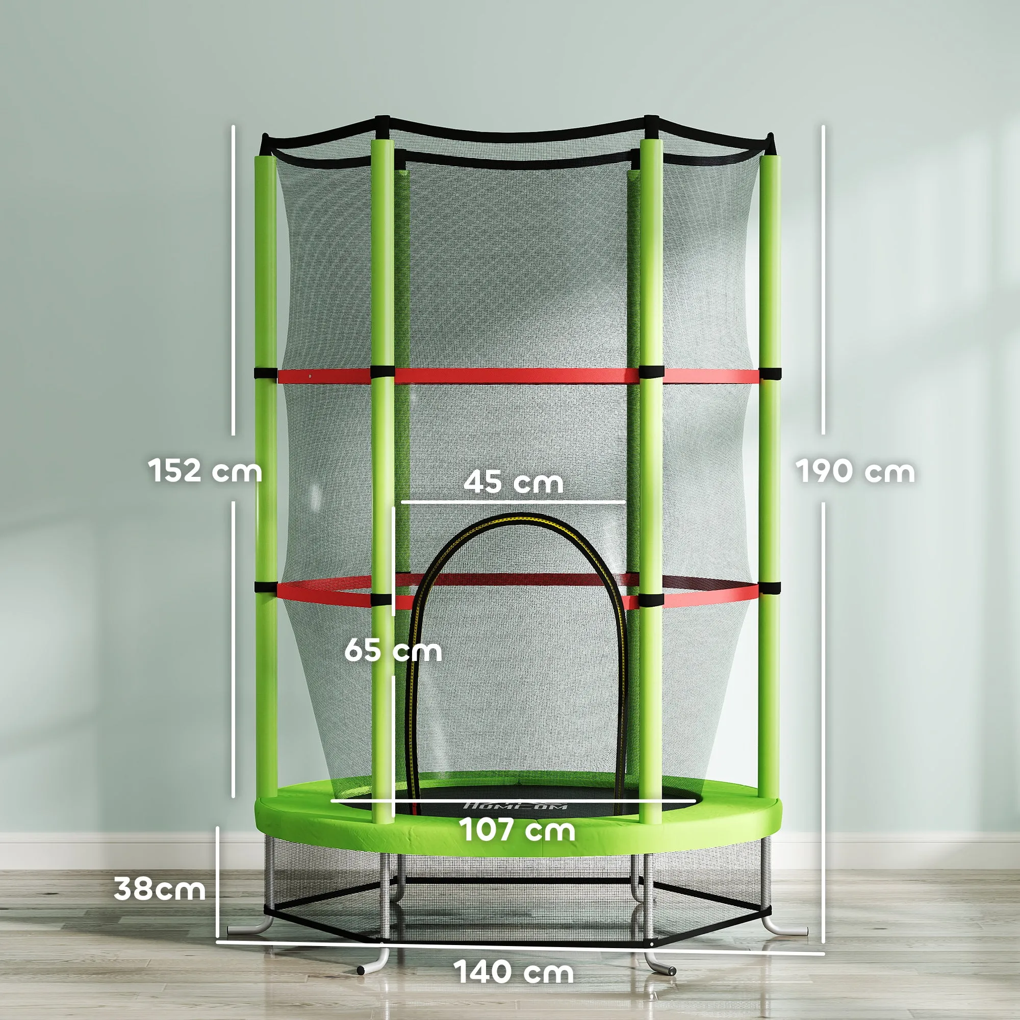 Trampoline for Children 3-6 Years with Safety Net, 6 Columns and 3 Entrances, Ø140x190 cm, Green and Black - Image 3