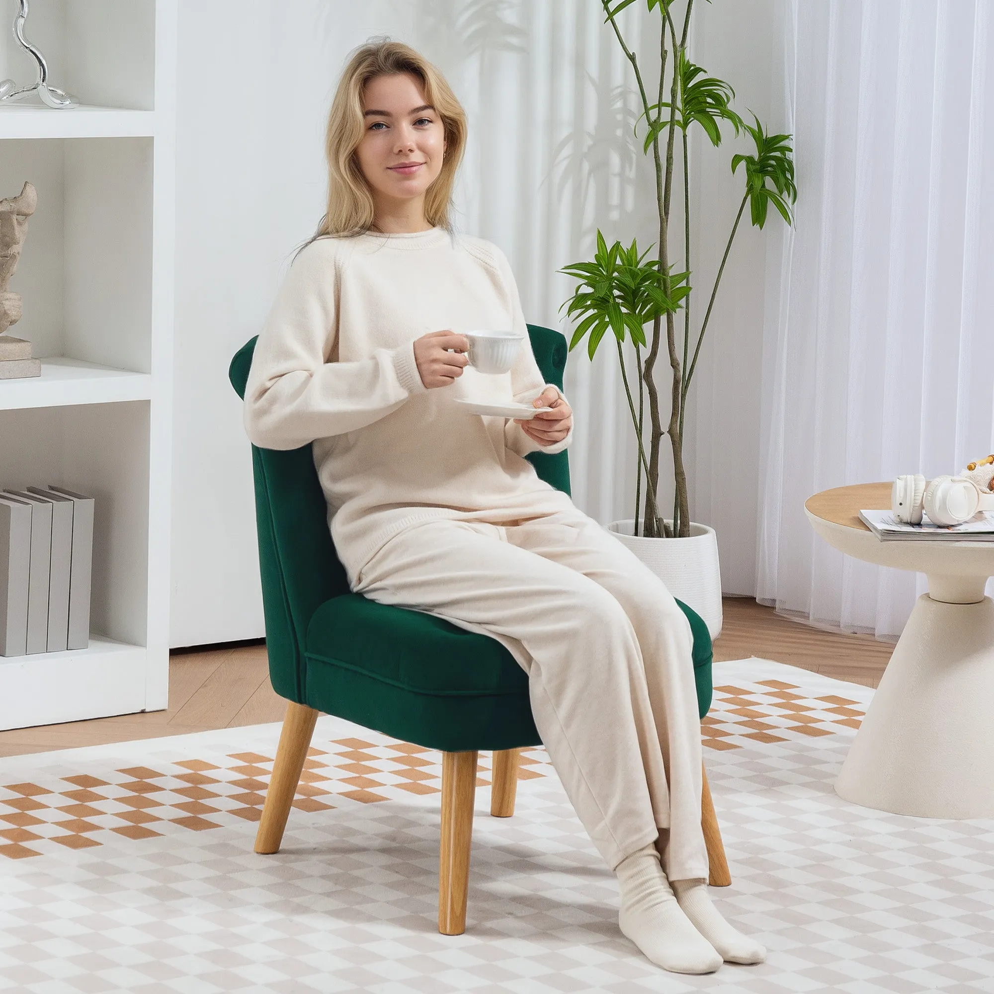 Velvet Lounge Chair with Padded and Quilted Seat with Buttons, 60x66x79 cm, Green - Image 2