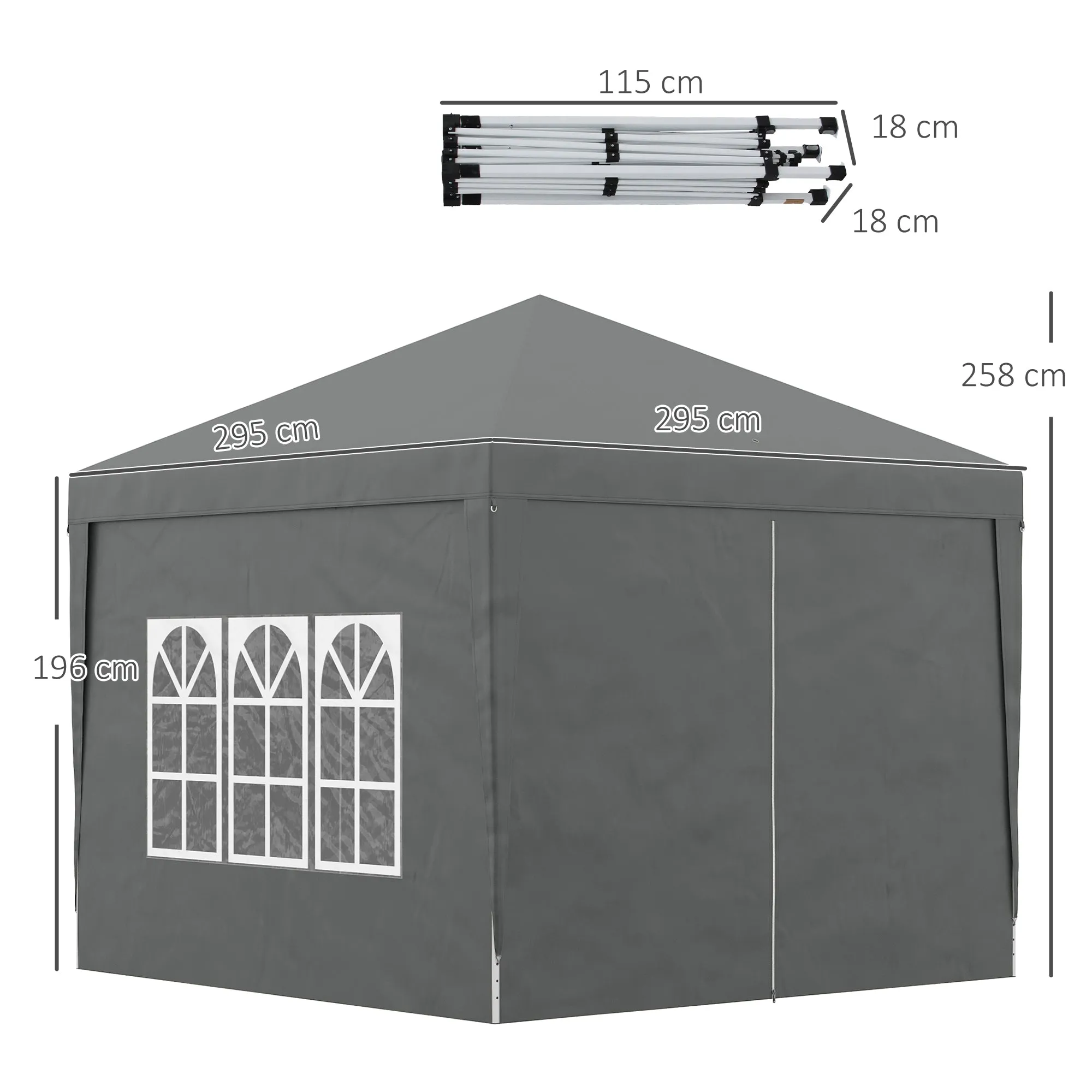 3x3m Folding Outdoor Gazebo with 4 Side Panels, Steel and Oxford Fabric Grey - Image 3