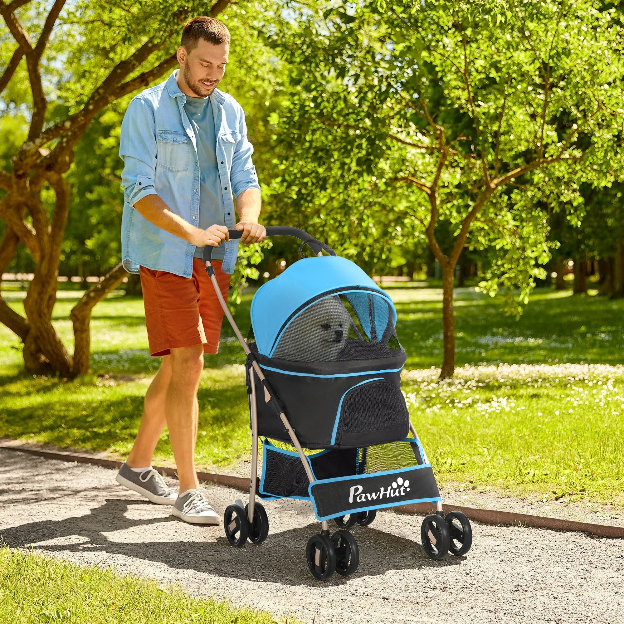 Convertible Dog Stroller with 2 Leashes and Cushion, in Steel and Polyester, 82x49.5x98 cm, Light Blue and Black - Image 2