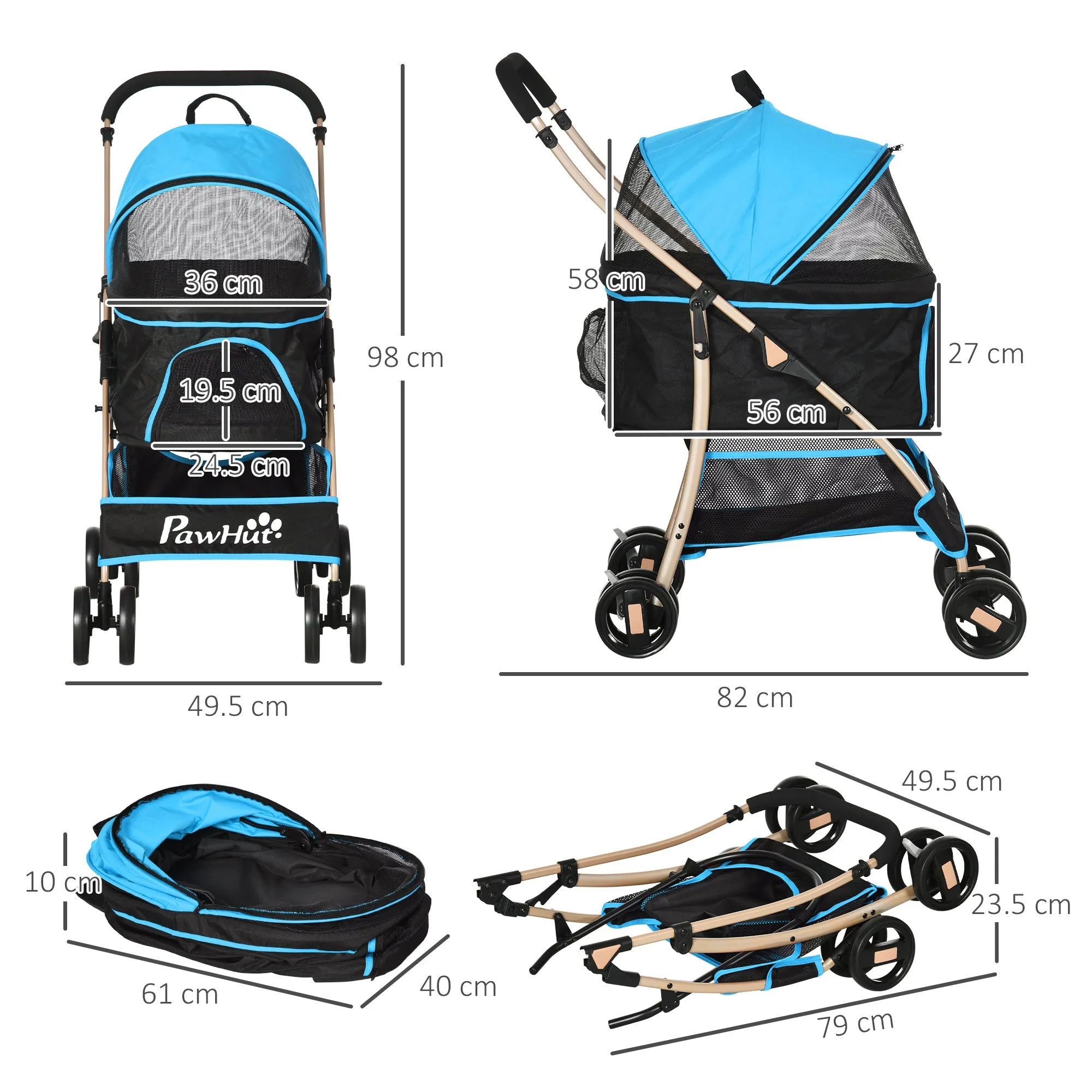 Convertible Dog Stroller with 2 Leashes and Cushion, in Steel and Polyester, 82x49.5x98 cm, Light Blue and Black - Image 3