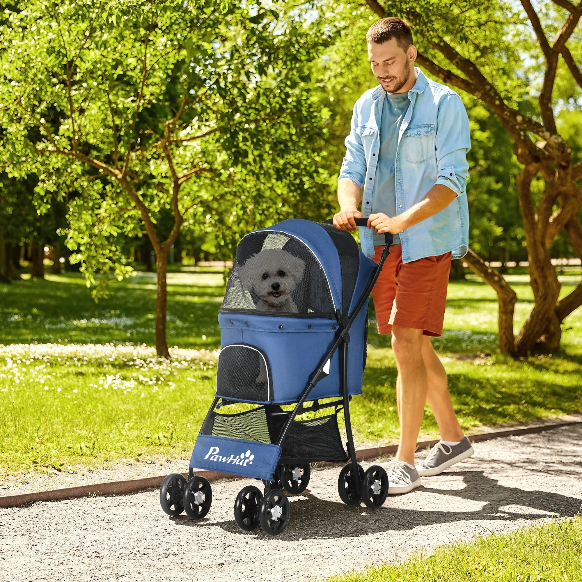 Dog Stroller with Basket, Cushion and 2 Leashes, in Steel and Oxford Fabric, 81x48x99 cm, Black and Dark Blue - Image 2