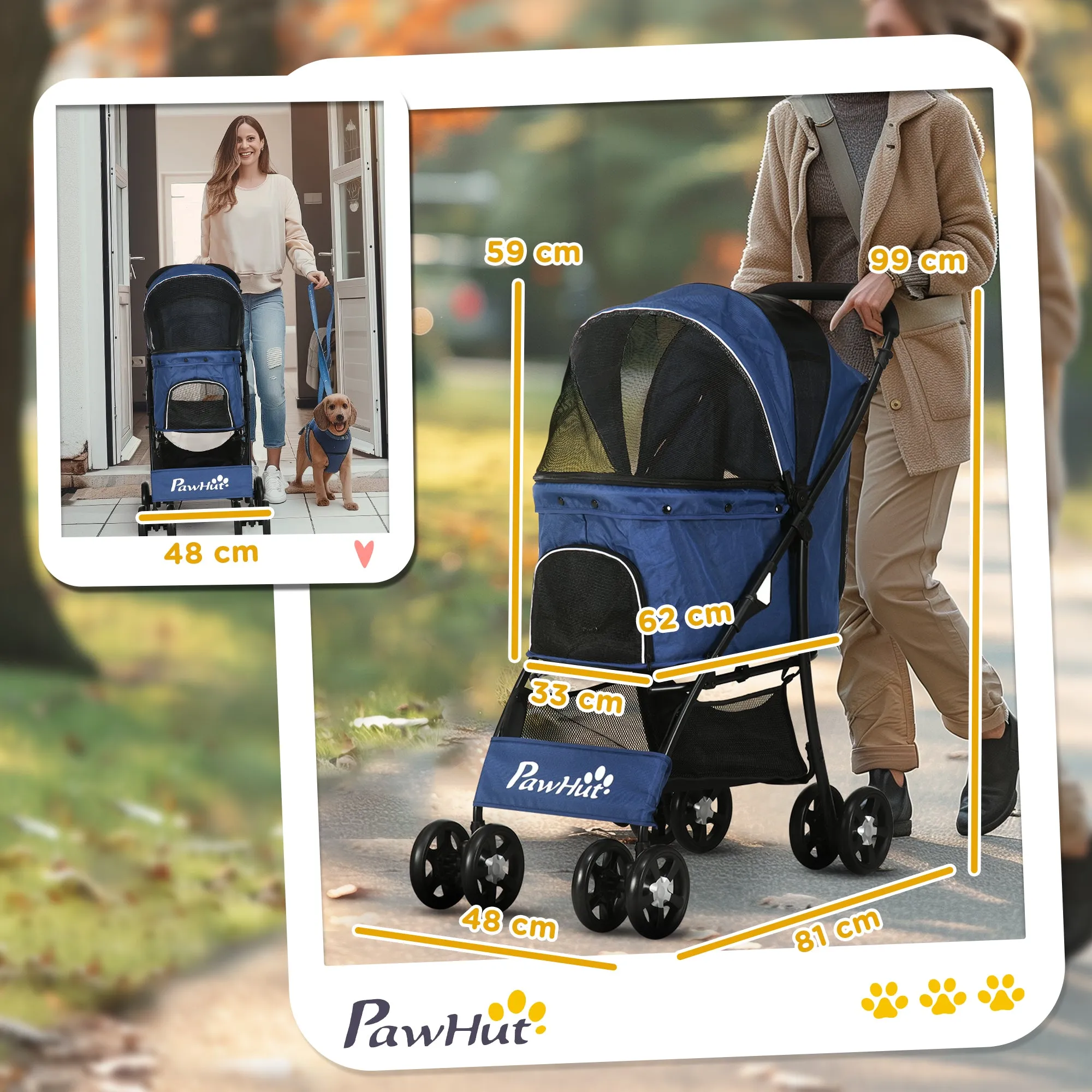 Dog Stroller with Basket, Cushion and 2 Leashes, in Steel and Oxford Fabric, 81x48x99 cm, Black and Dark Blue - Image 3