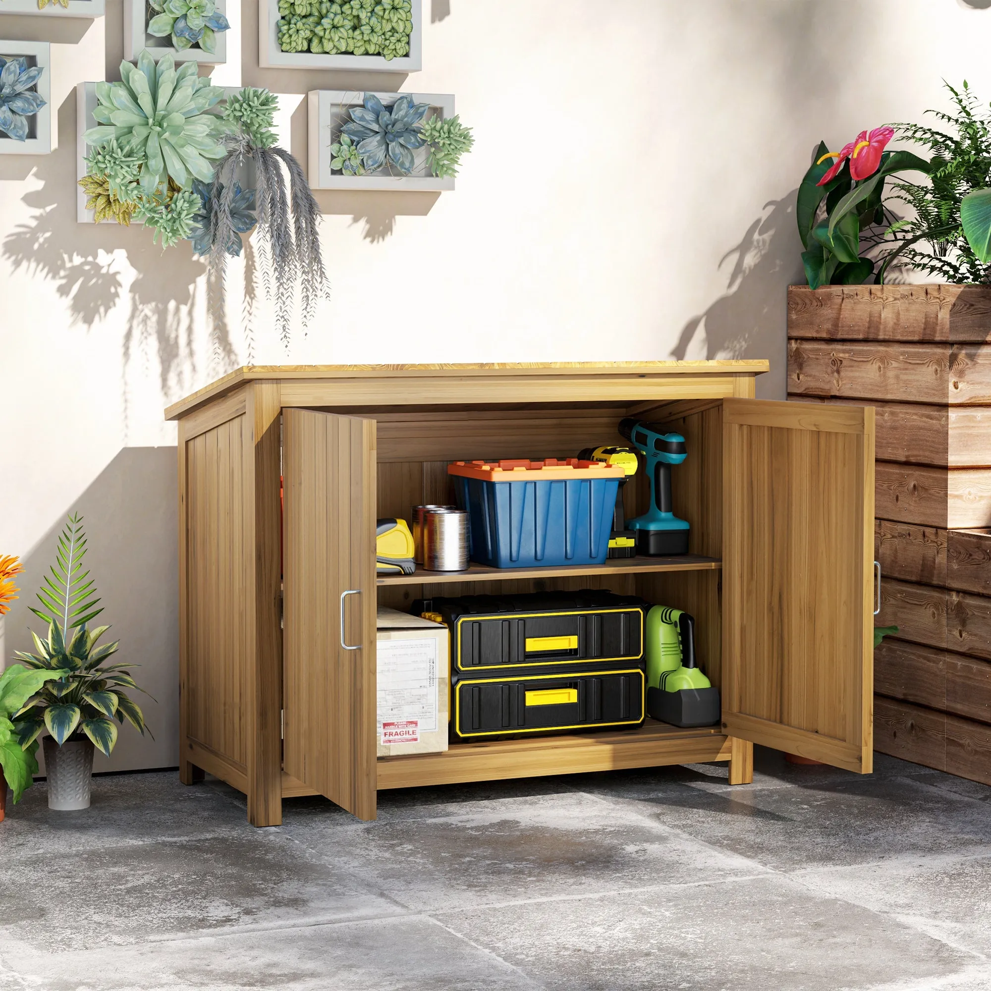Outdoor Wooden Cabinet Tool Storage with 2 Doors and 2 Shelves, 110x50x85 cm, Brown - Image 2