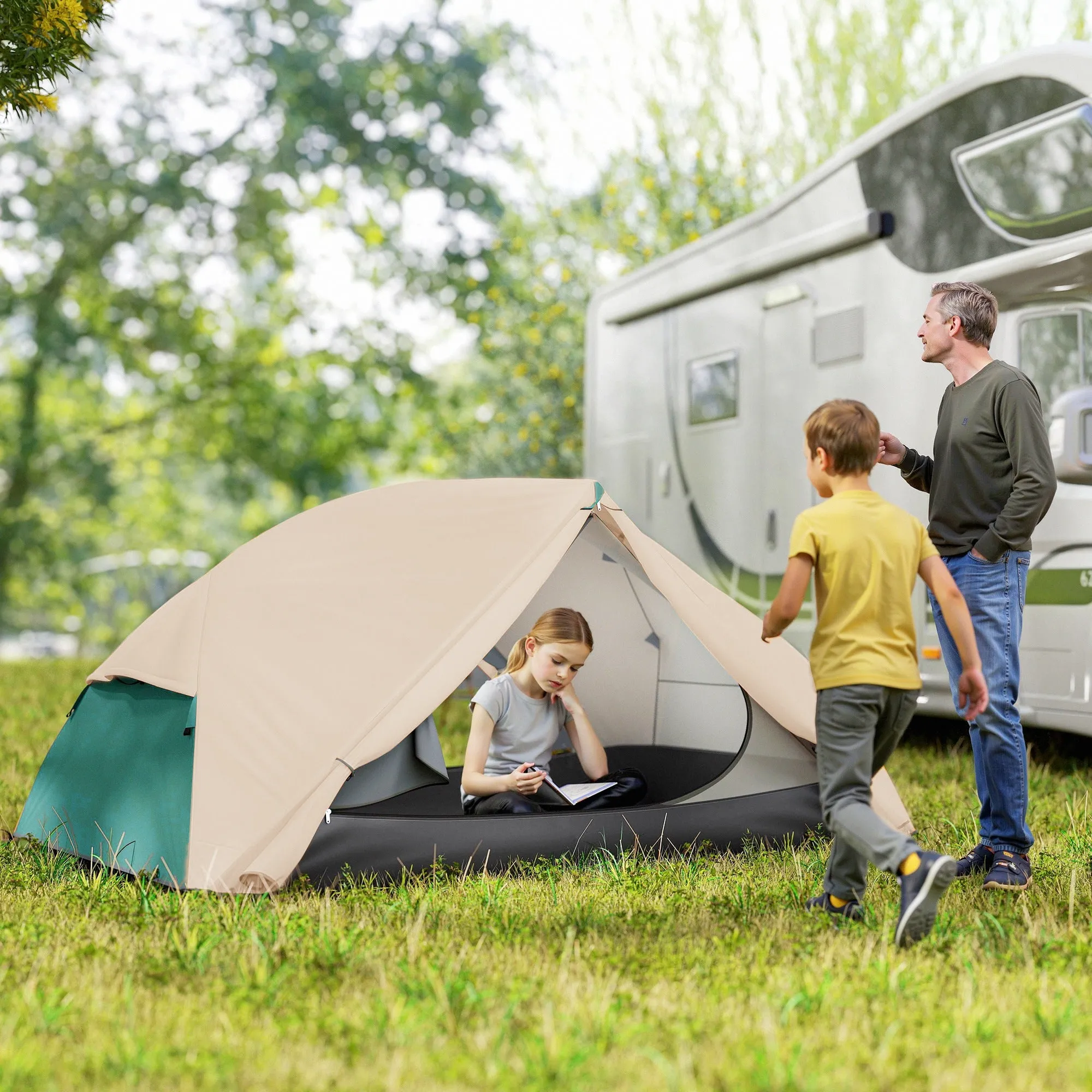 2 Person Camping Tent with 2 Vestibules, 2 Doors, 2 Windows and Carry Bag, 2.8x2.25x1.1 cm, Beige - Image 2