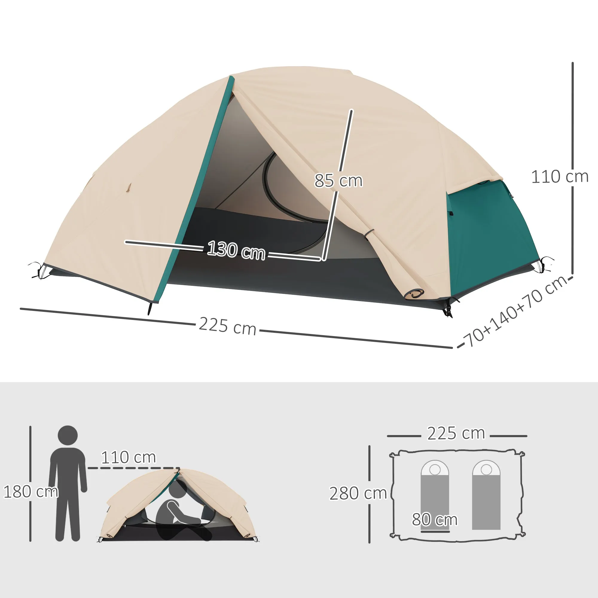 2 Person Camping Tent with 2 Vestibules, 2 Doors, 2 Windows and Carry Bag, 2.8x2.25x1.1 cm, Beige - Image 3