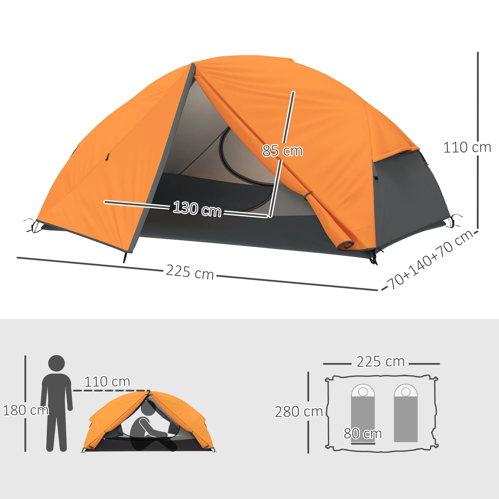 2 Person Camping Tent with 2 Vestibules, 2 Doors, 2 Windows and Carry Bag, 2.8x2.25x1.1 cm, Orange - Image 3