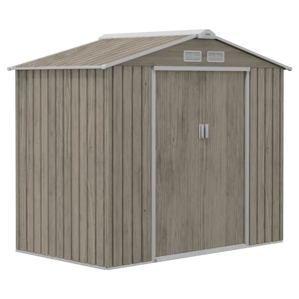 Metal Garden Shed with Vents and Double Sliding Door, 2.1x1.3m, Light Brown