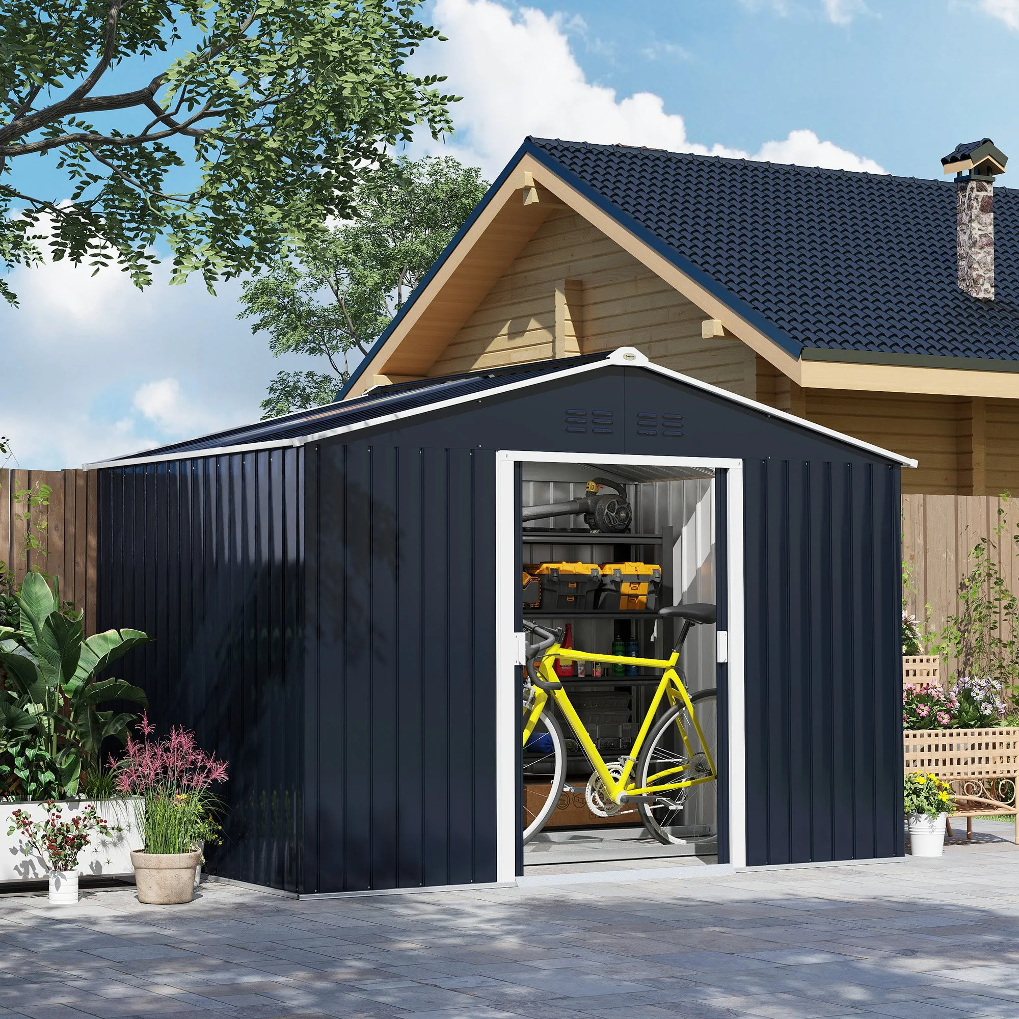 Steel Tool Shed with Sloped Roof and 2 Sliding Doors, 277x195x192 cm, Dark Grey - Image 2