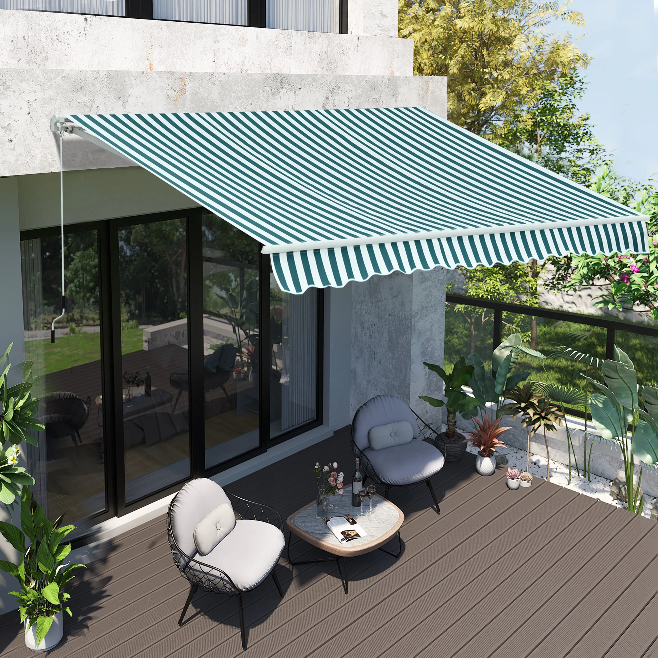 Outdoor Awning with Arms with Crank, Metal and Polyester, 295x250cm Green and White - Image 2