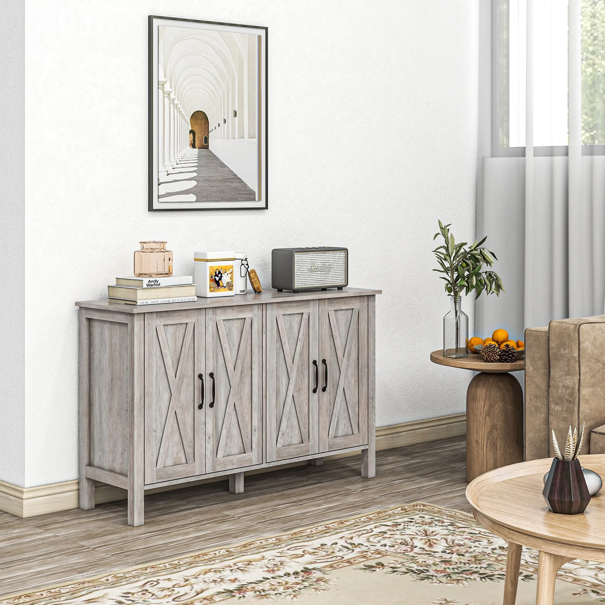 Rustic Multipurpose Cabinet with 4 Adjustable Storage Shelves, Wooden, 120x37x75 cm, Grey - Image 2