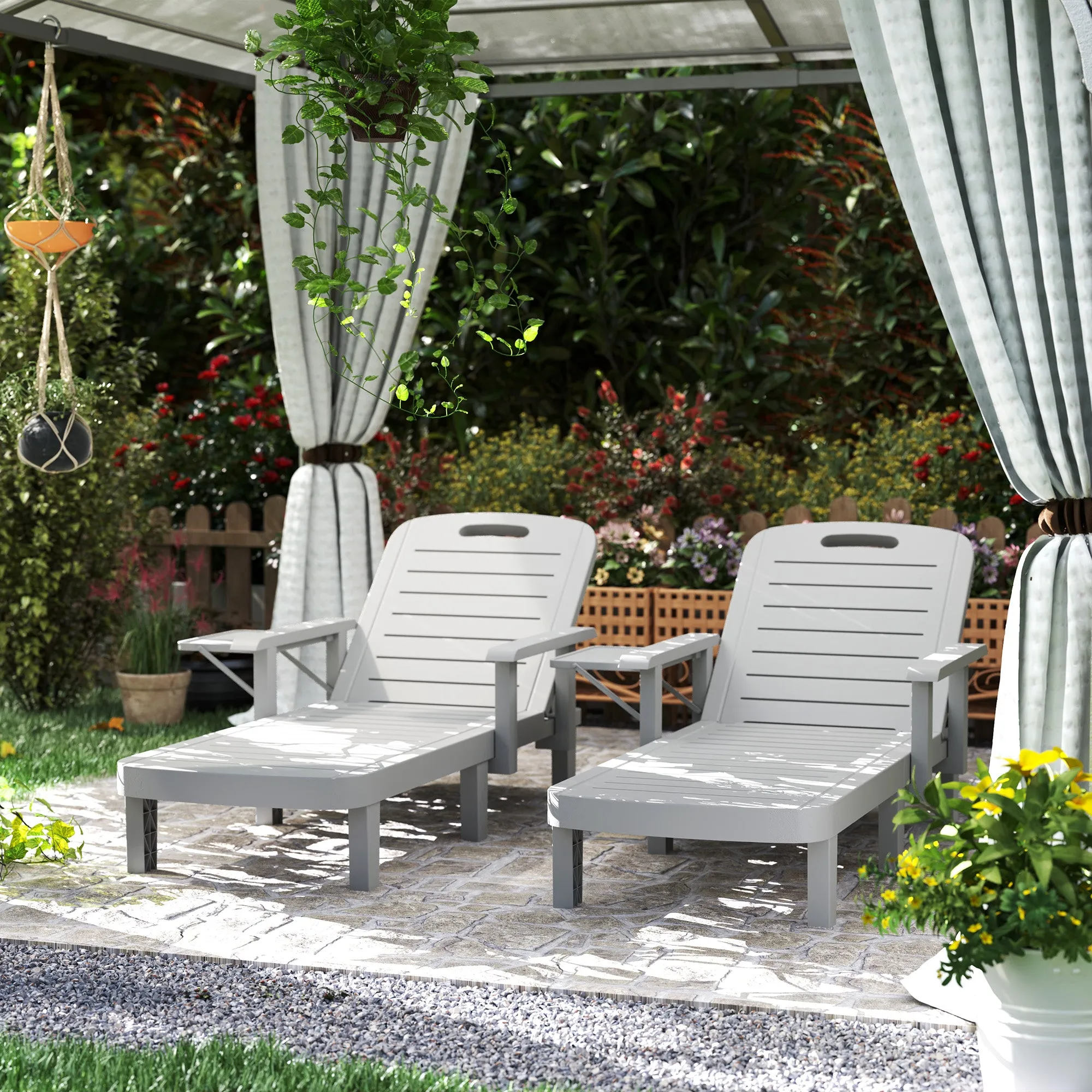 Set of 2 Adjustable Garden Deck Chairs with Table and Armrests, in Polypropylene, 79x158x88 cm, Light Grey - Image 2