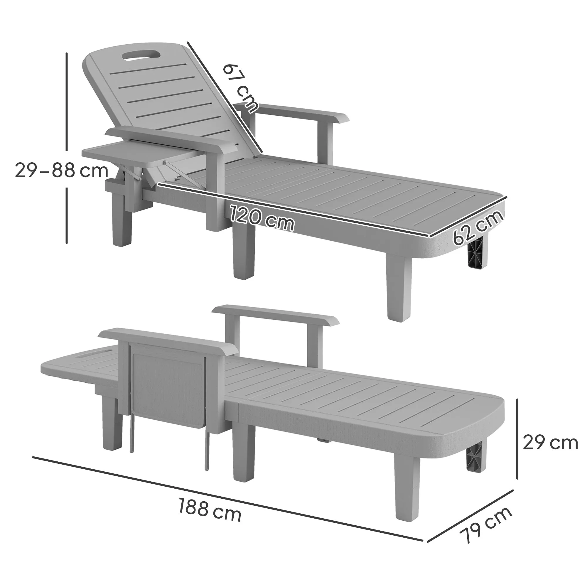 Set of 2 Adjustable Garden Deck Chairs with Table and Armrests, in Polypropylene, 79x158x88 cm, Light Grey - Image 3