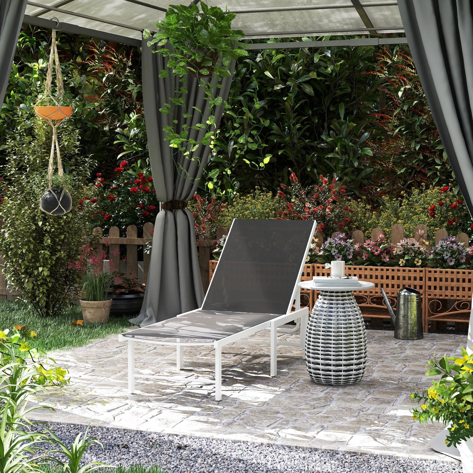 Deckchair with 5-Level Adjustable Backrest, in Steel and Textilene, 60x166x84 cm, White and Gray - Image 2