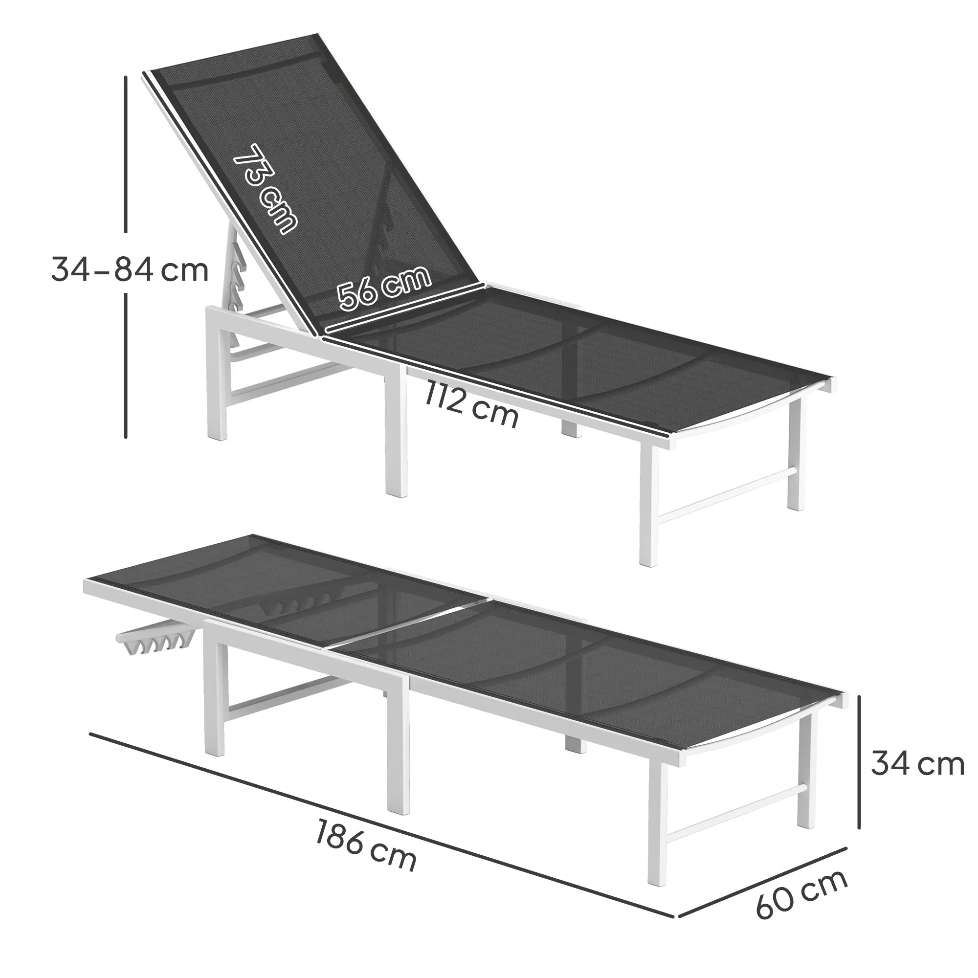 Deckchair with 5-Level Adjustable Backrest, in Steel and Textilene, 60x166x84 cm, White and Gray - Image 3
