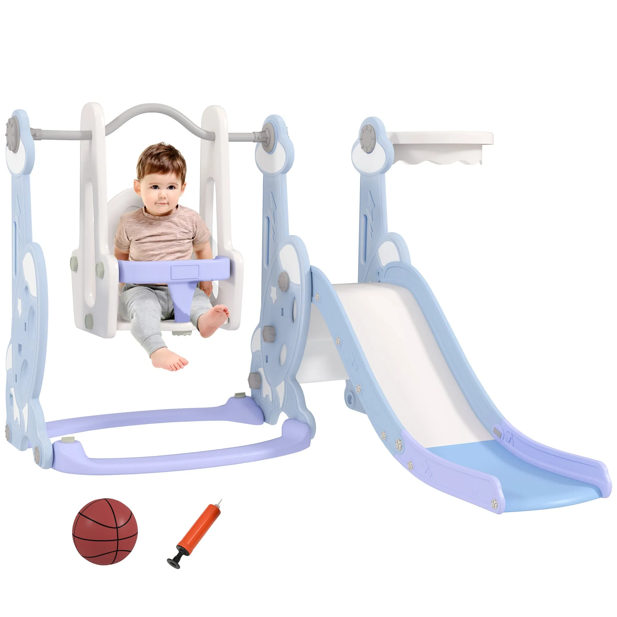 4 in 1 Children's Game with Slide, Swing, Climbing and Hoop, 147.5x160x107 cm, Light Blue