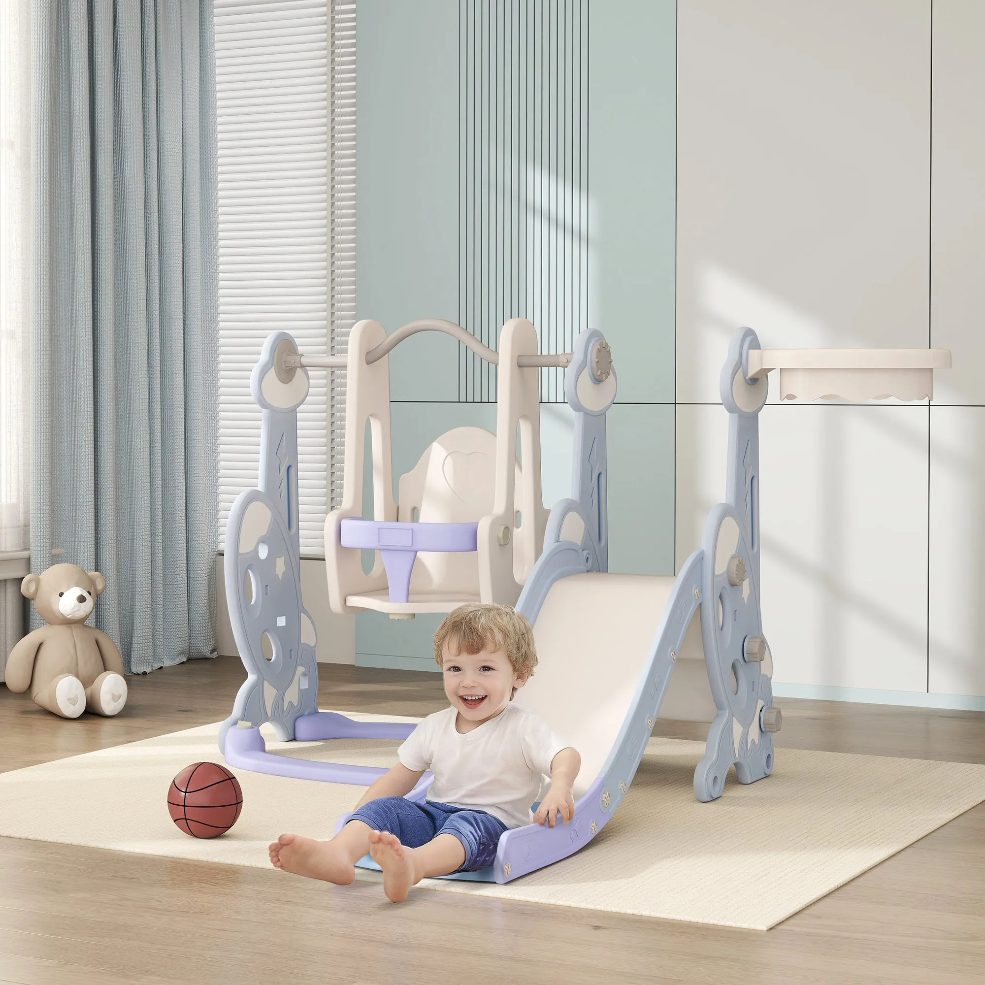 4 in 1 Children's Game with Slide, Swing, Climbing and Hoop, 147.5x160x107 cm, Light Blue - Image 2