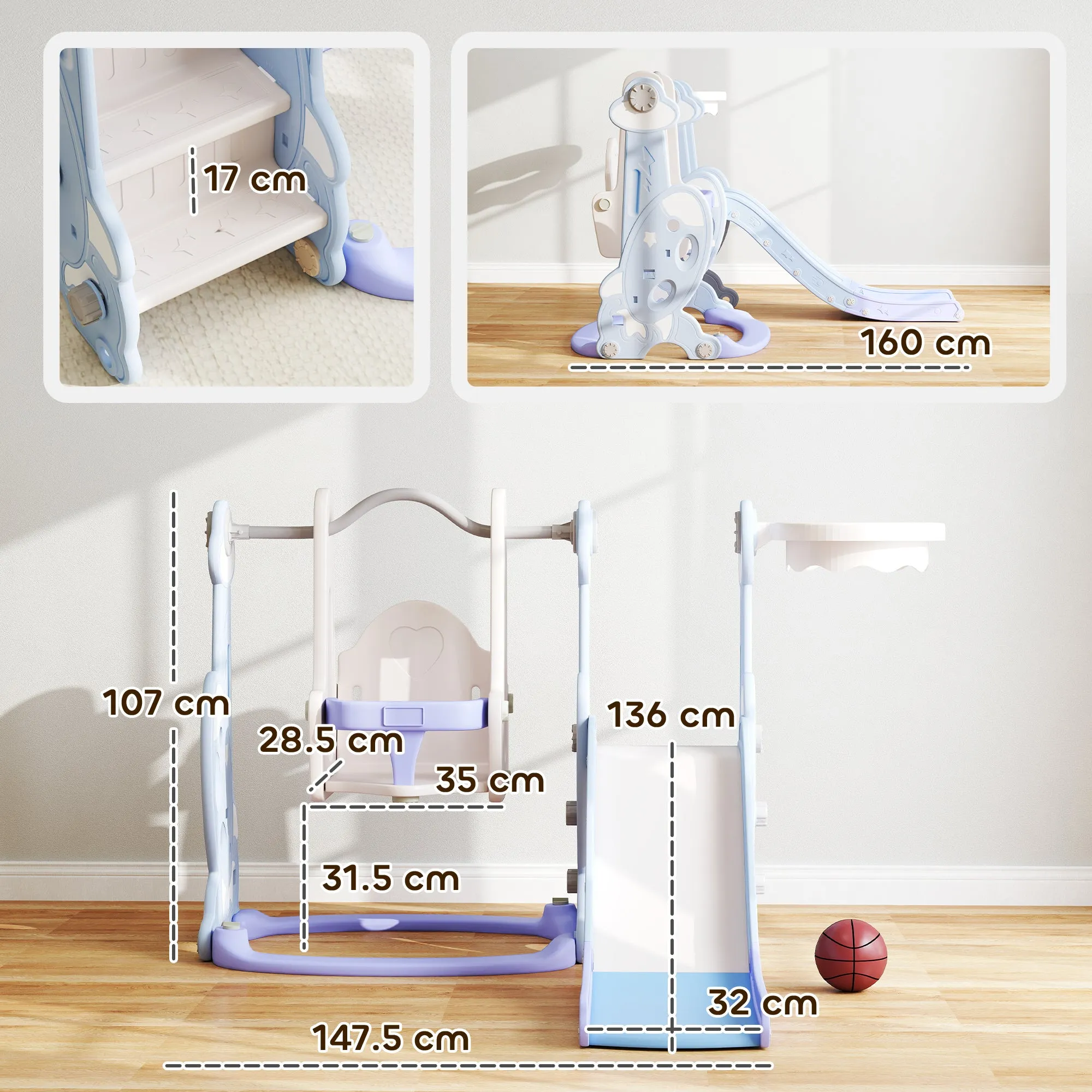 4 in 1 Children's Game with Slide, Swing, Climbing and Hoop, 147.5x160x107 cm, Light Blue - Image 3