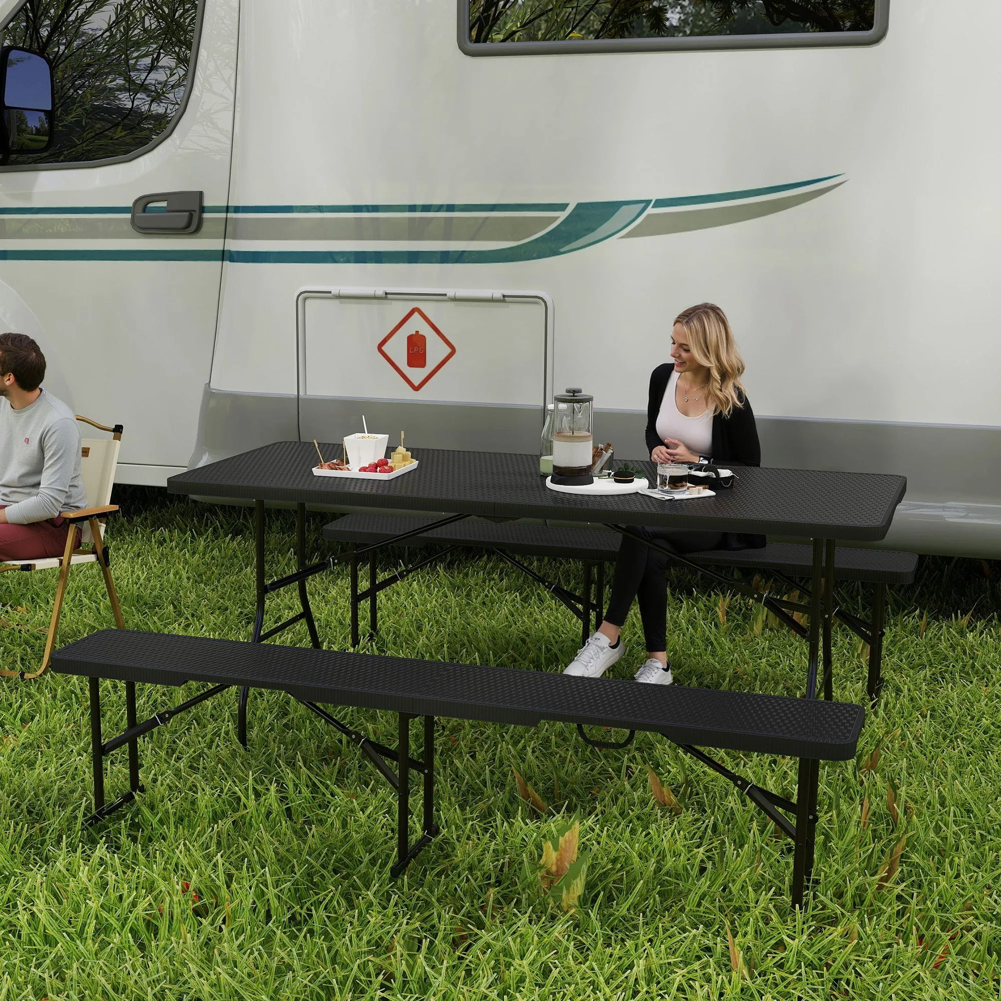 3-Piece Foldable Picnic Set with Table and 2 Benches in HDPE and Metal, Black - Image 2