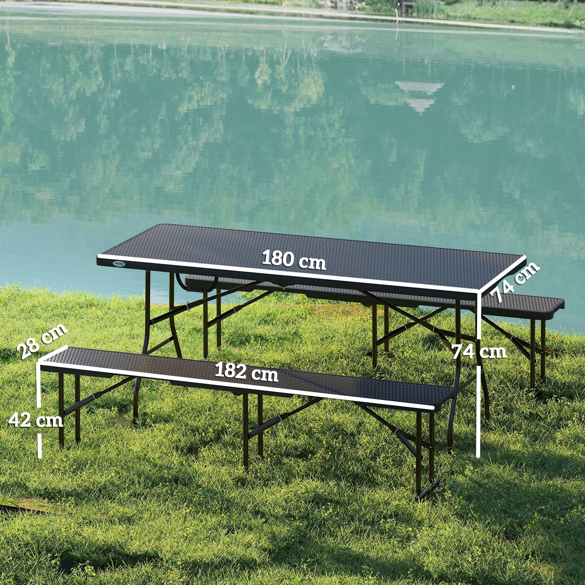 3-Piece Foldable Picnic Set with Table and 2 Benches in HDPE and Metal, Black - Image 3
