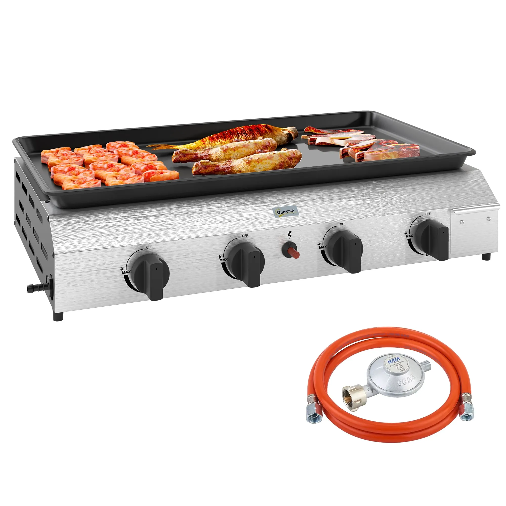 Gas Barbecue Plate with 4 Burners 2.4kw and Non-Stick Top, 77x44.5x19cm, Silver