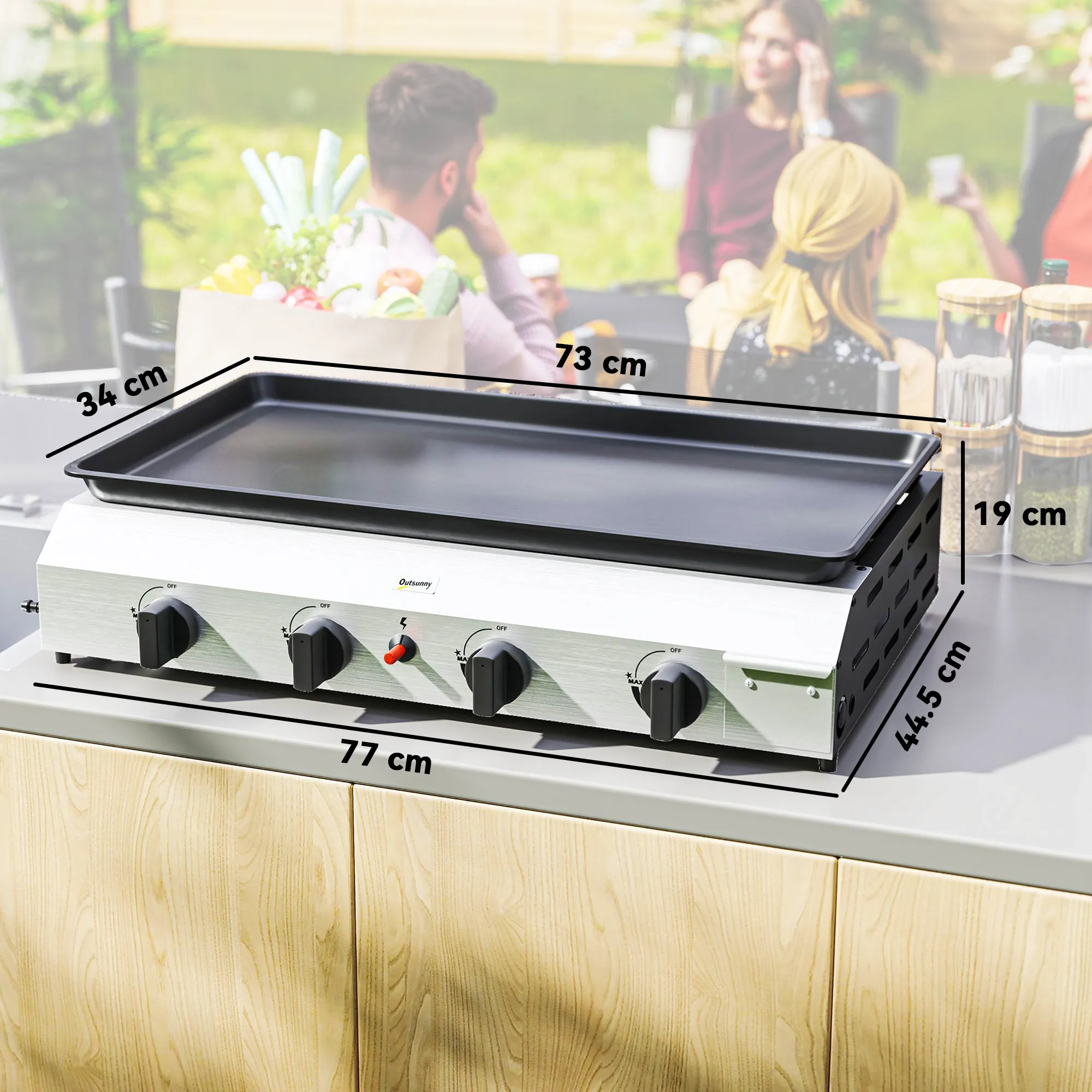Gas Barbecue Plate with 4 Burners 2.4kw and Non-Stick Top, 77x44.5x19cm, Silver - Image 3