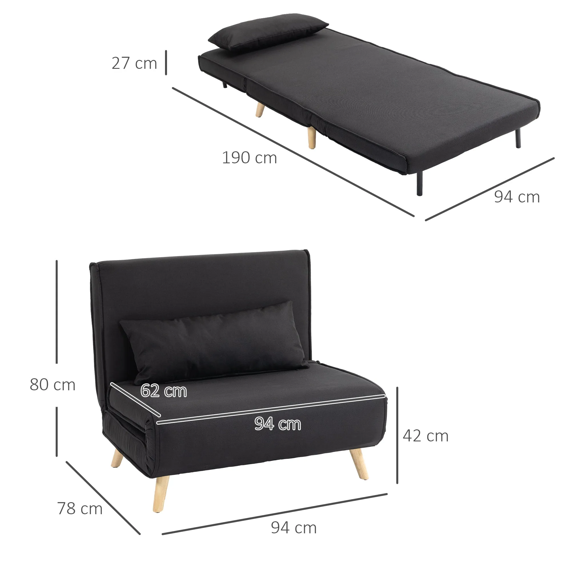 3 in 1 armchair bed with reclining backrest in 6 positions in fabric, 94x78x80 cm, Black - Image 3