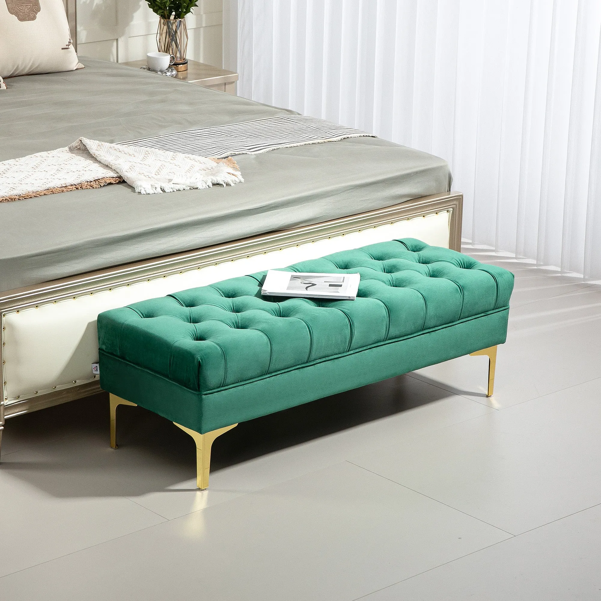 Padded Bed End Bench with Quilted Velvet Fabric Covering, 118x45x42 cm, Dark Green - Image 2