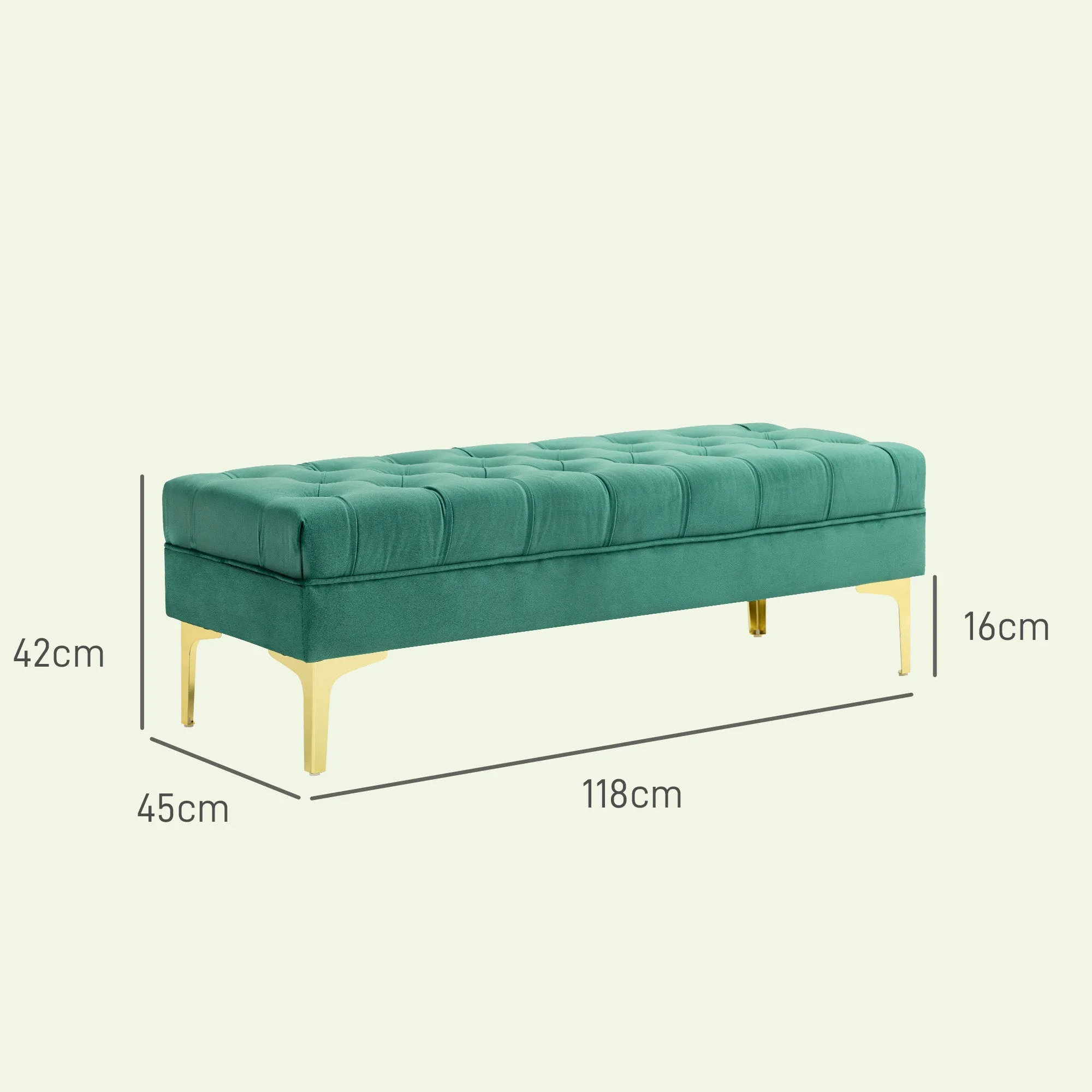 Padded Bed End Bench with Quilted Velvet Fabric Covering, 118x45x42 cm, Dark Green - Image 3
