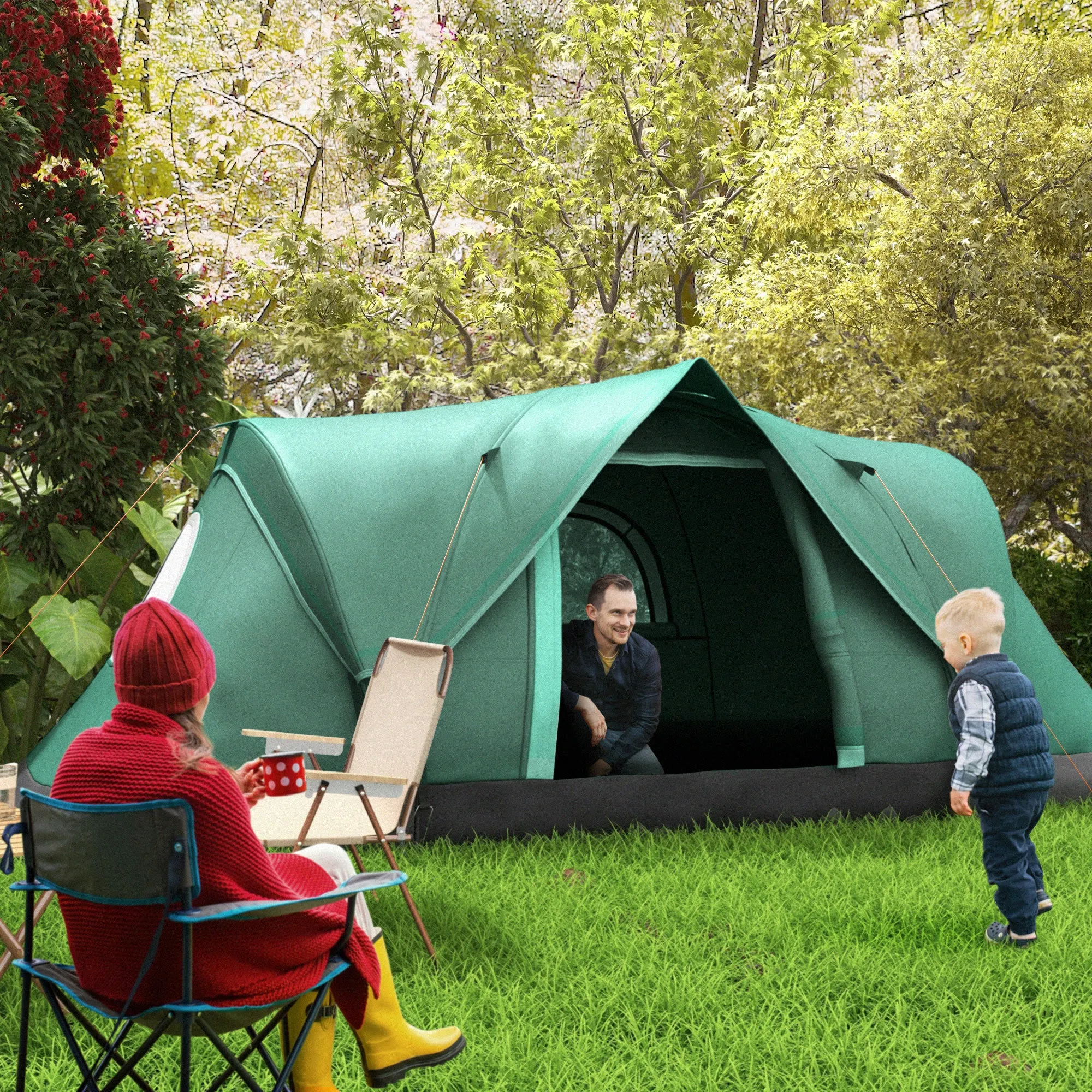 4-Person Water-Repellent Camping Tent with UV Protection, Fiberglass Poles, 4.55x2.3x1.8 m, Green - Image 2