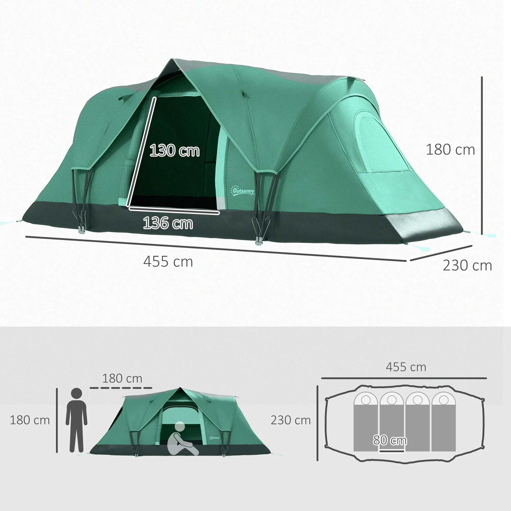 4-Person Water-Repellent Camping Tent with UV Protection, Fiberglass Poles, 4.55x2.3x1.8 m, Green - Image 3