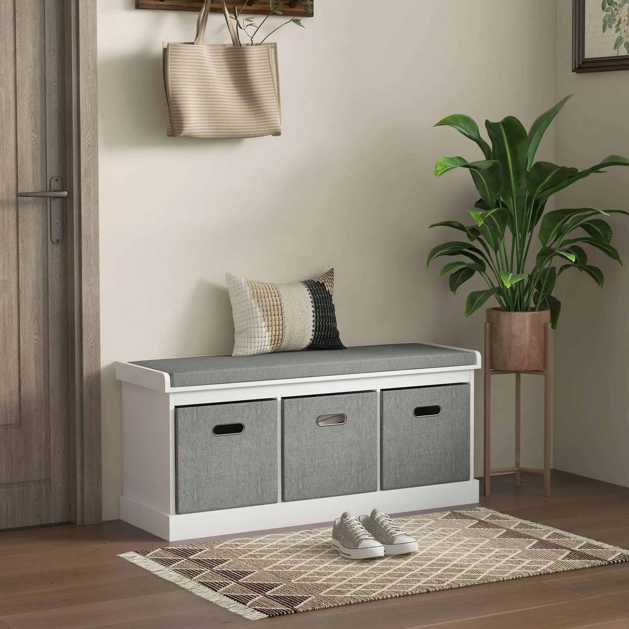 Wooden Shoe Bench with 3 Drawers and Fabric Seat for 3 Pairs of Shoes, 105x35x47 cm, White - Image 2