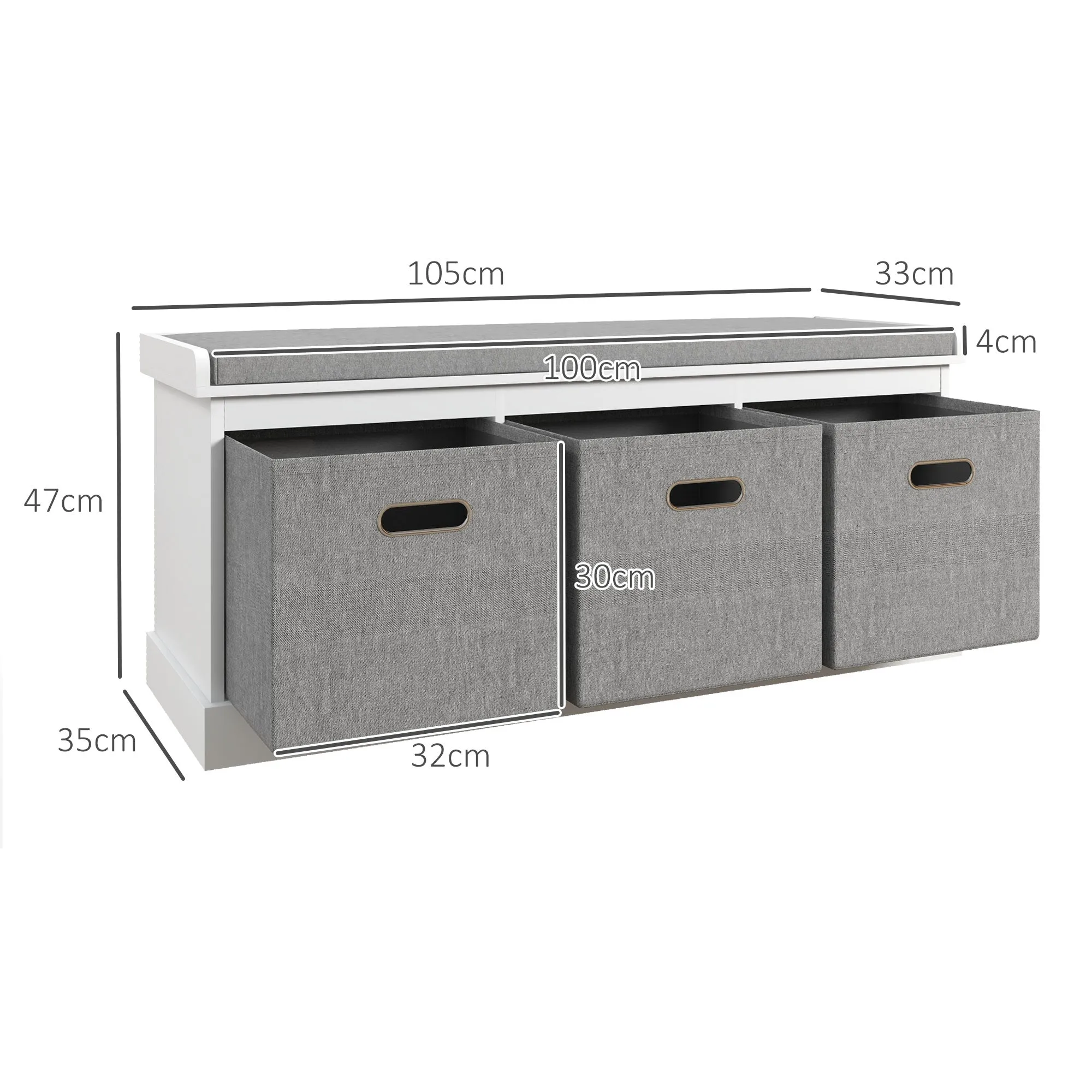 Wooden Shoe Bench with 3 Drawers and Fabric Seat for 3 Pairs of Shoes, 105x35x47 cm, White - Image 3