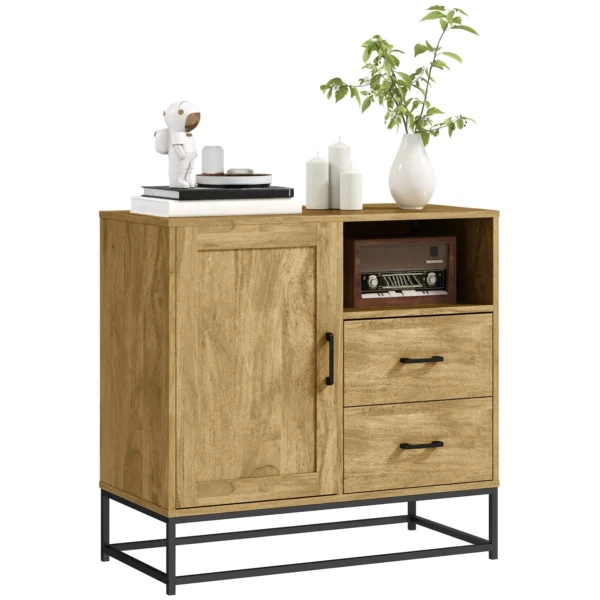 Modern Sideboard with 2 Drawers, Adjustable Cabinet and Open Shelf, in Wood and Steel, 80x40x78 cm, Brown