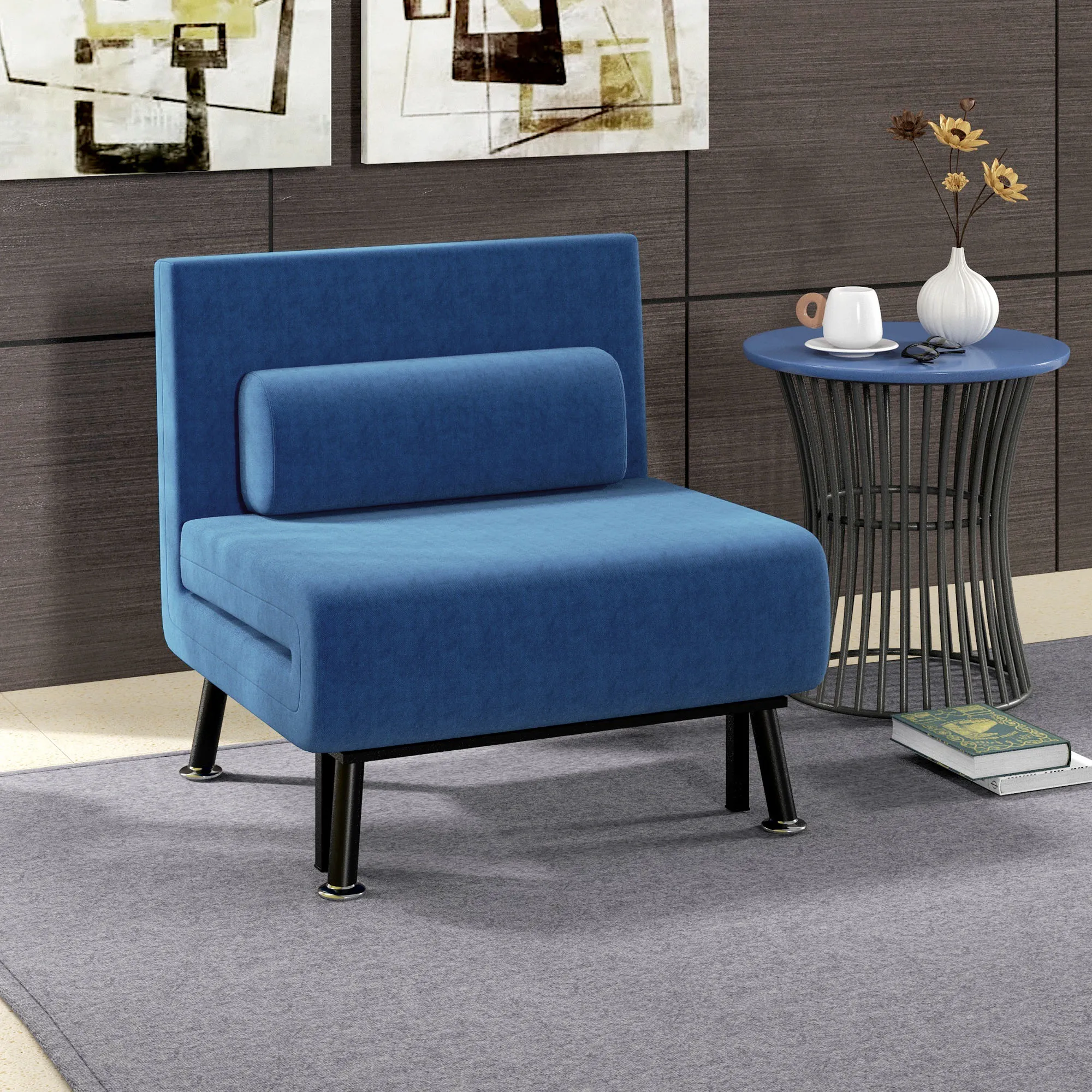 Armchair Bed with Adjustable Backrest in 5 Positions, in Linen Effect Fabric and Steel, 75x70x75 cm, Dark Blue - Image 2
