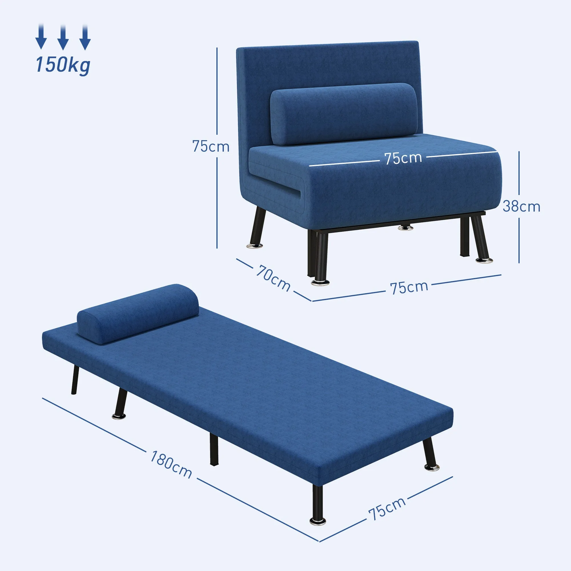 Armchair Bed with Adjustable Backrest in 5 Positions, in Linen Effect Fabric and Steel, 75x70x75 cm, Dark Blue - Image 3