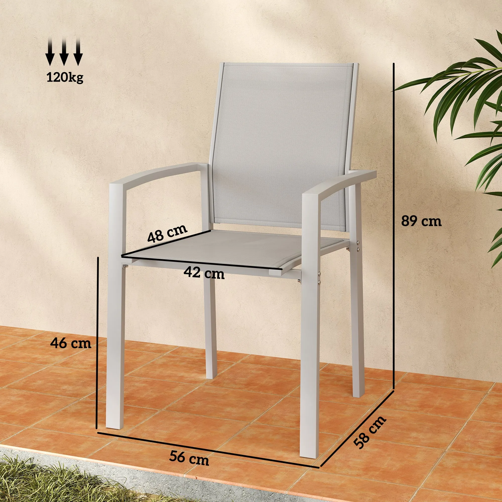 Set of 2 Stackable Garden Chairs with Breathable Seat, in Steel and Textilene, 56x58x89 cm, Light Gray - Image 3